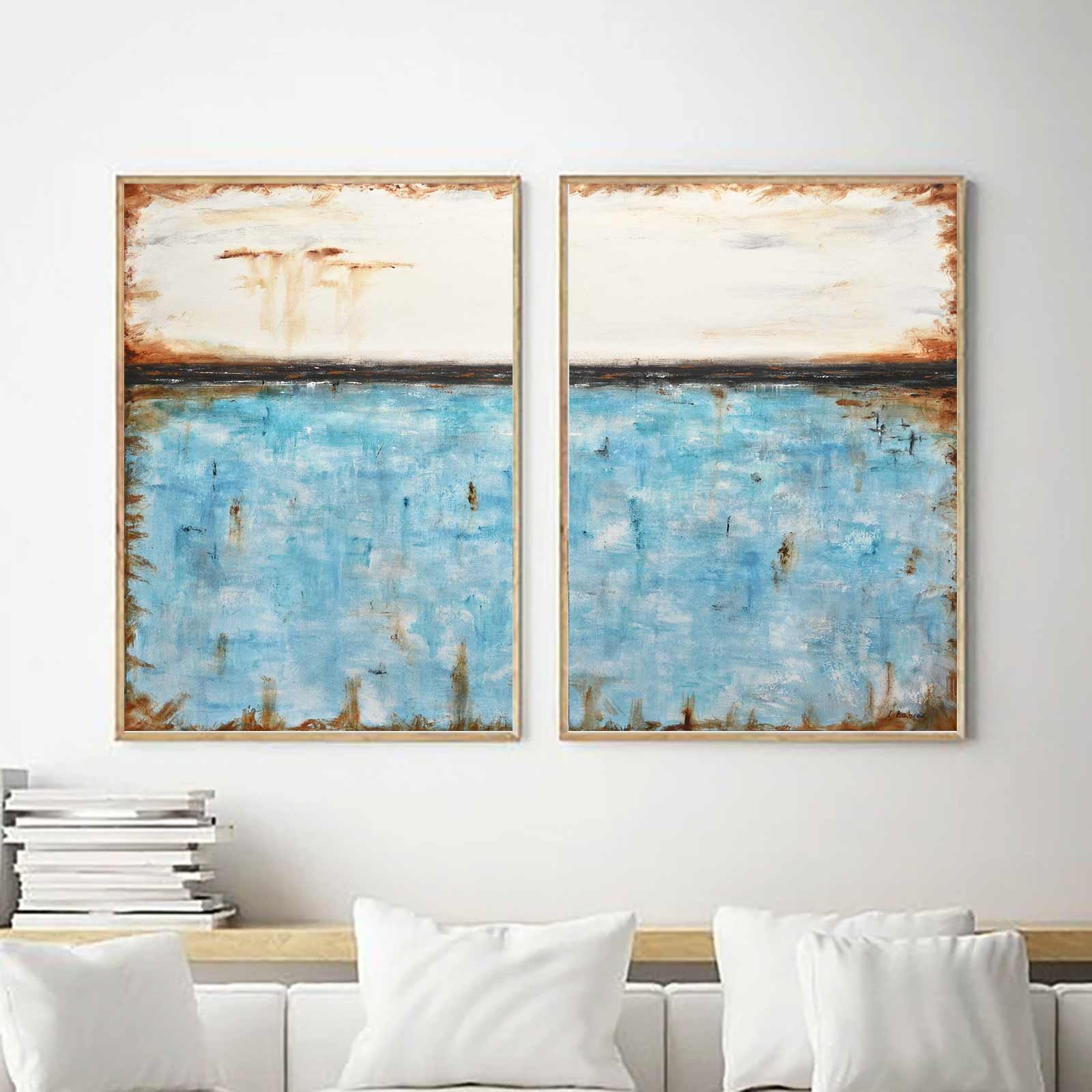 Turquoise Painting diptych Burned Edges Abstract Handmade