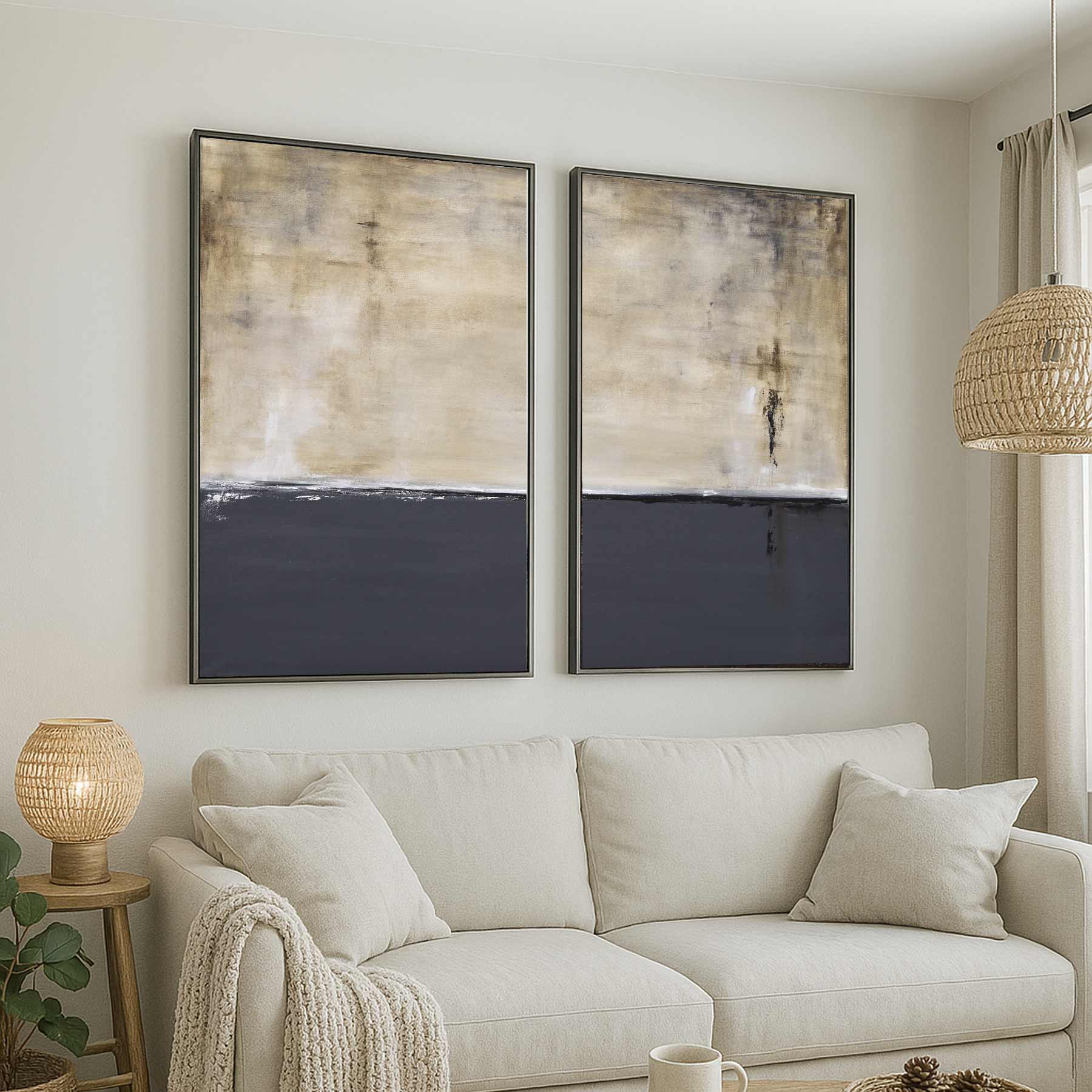 Diptych Wall Art Contemporary Design Paintings Beige Gray above couch