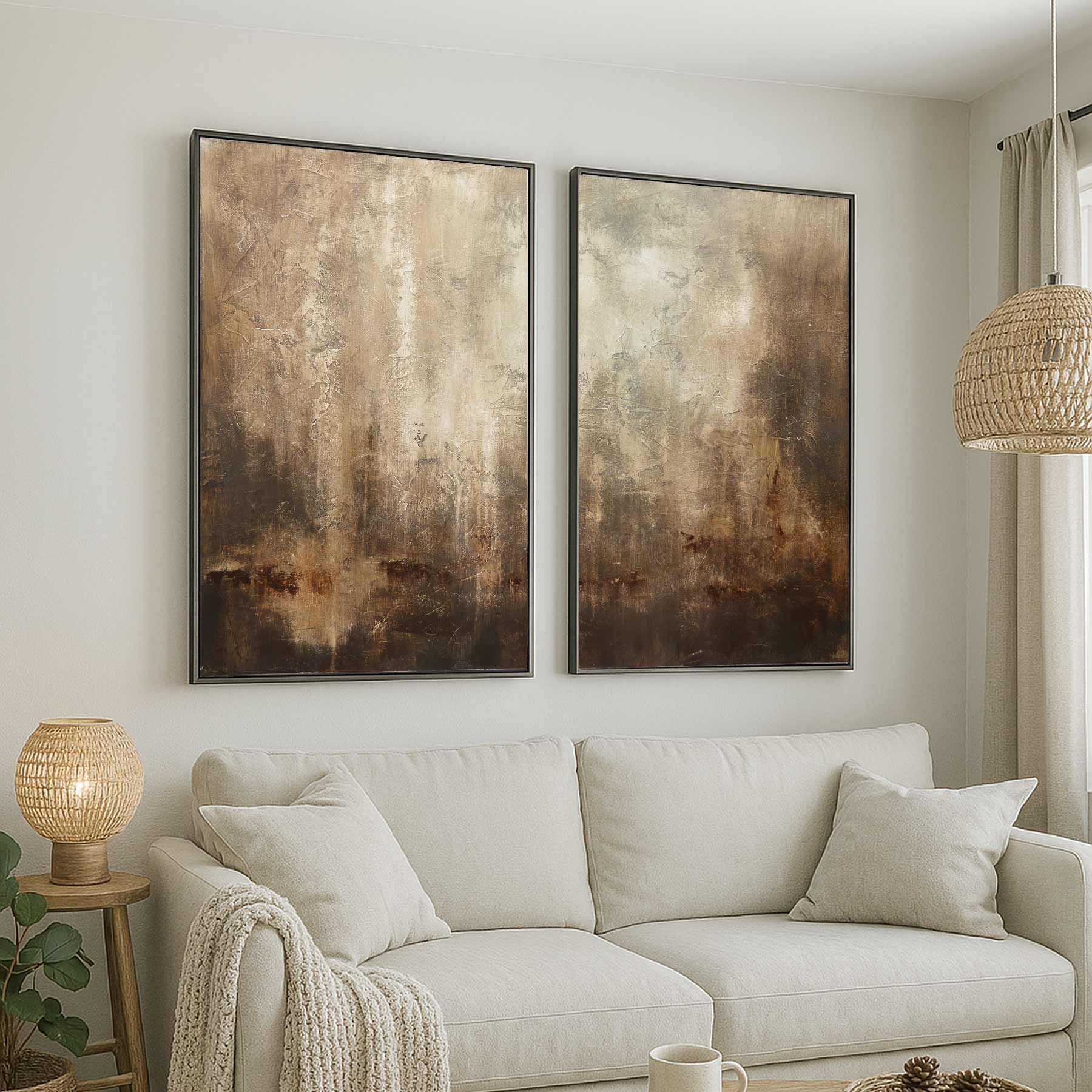 Contemporary Hand Painted Art above couch On Canvas 2 Piece Brown Beige