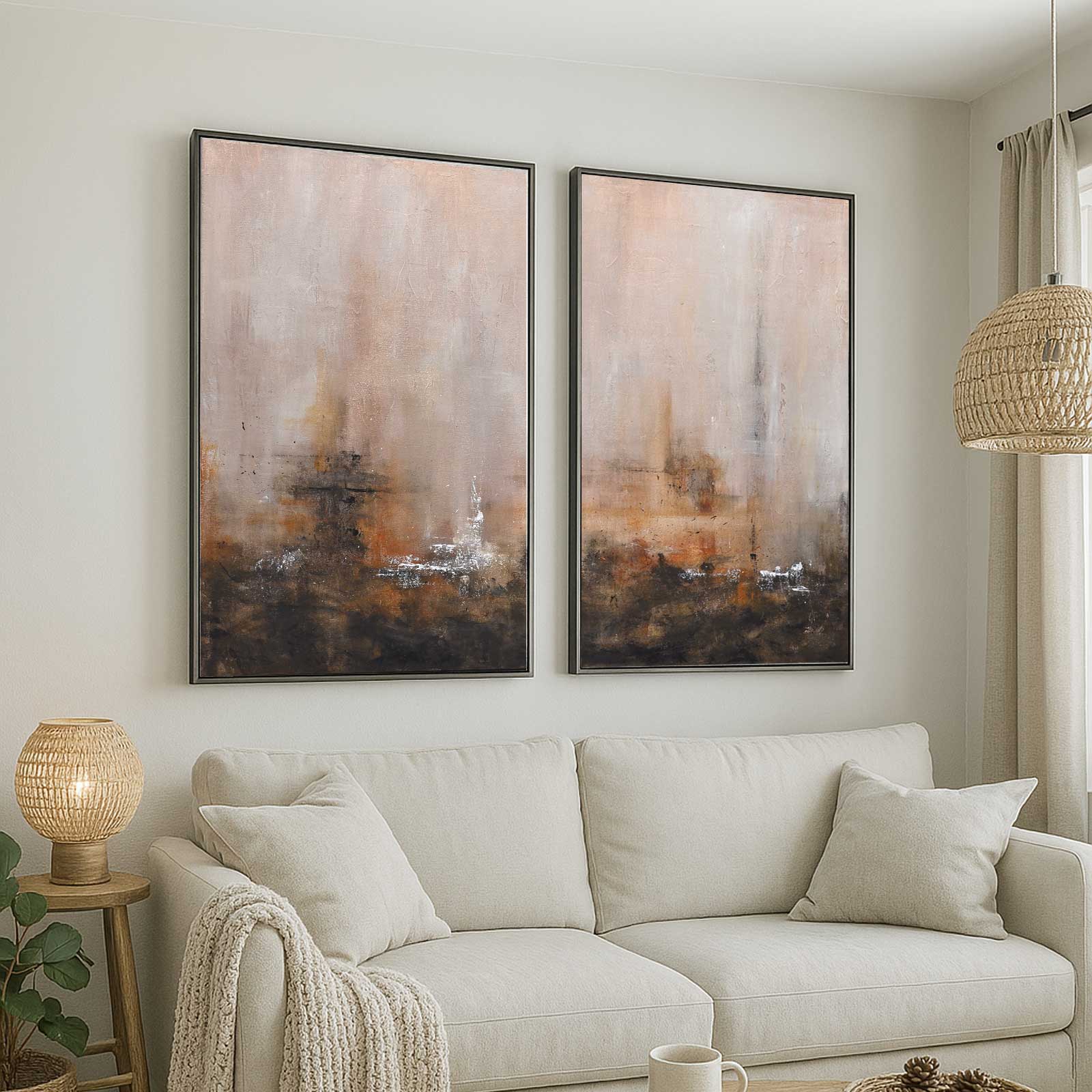 Two Piece Abstract Art Earth Tones Multi Panel Brown Sienna Painting above couch
