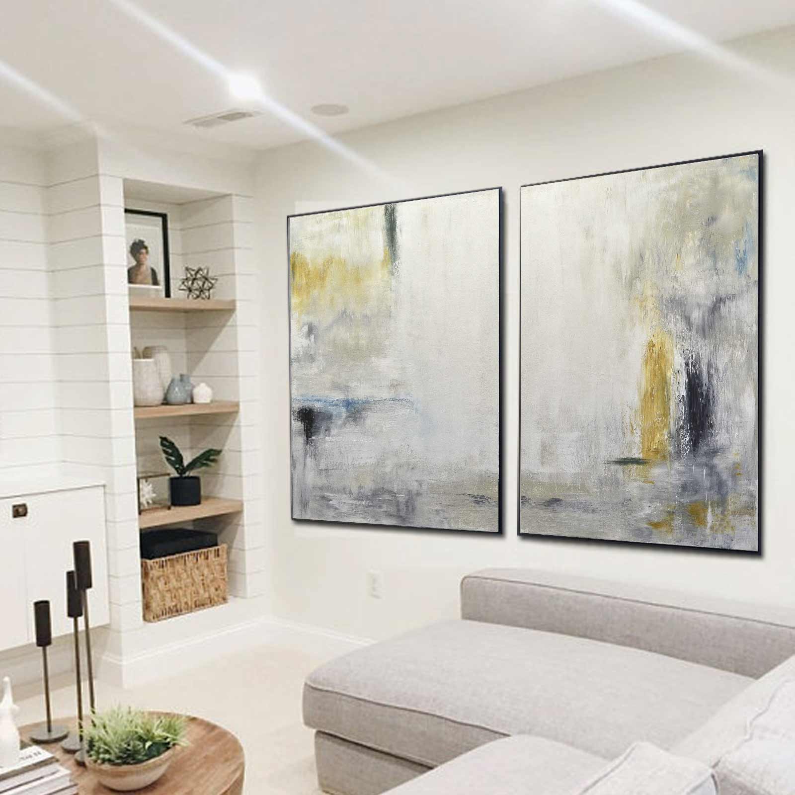 2 Piece Abstract Oversized Paintings Harmony Yellow Green "True Hints"