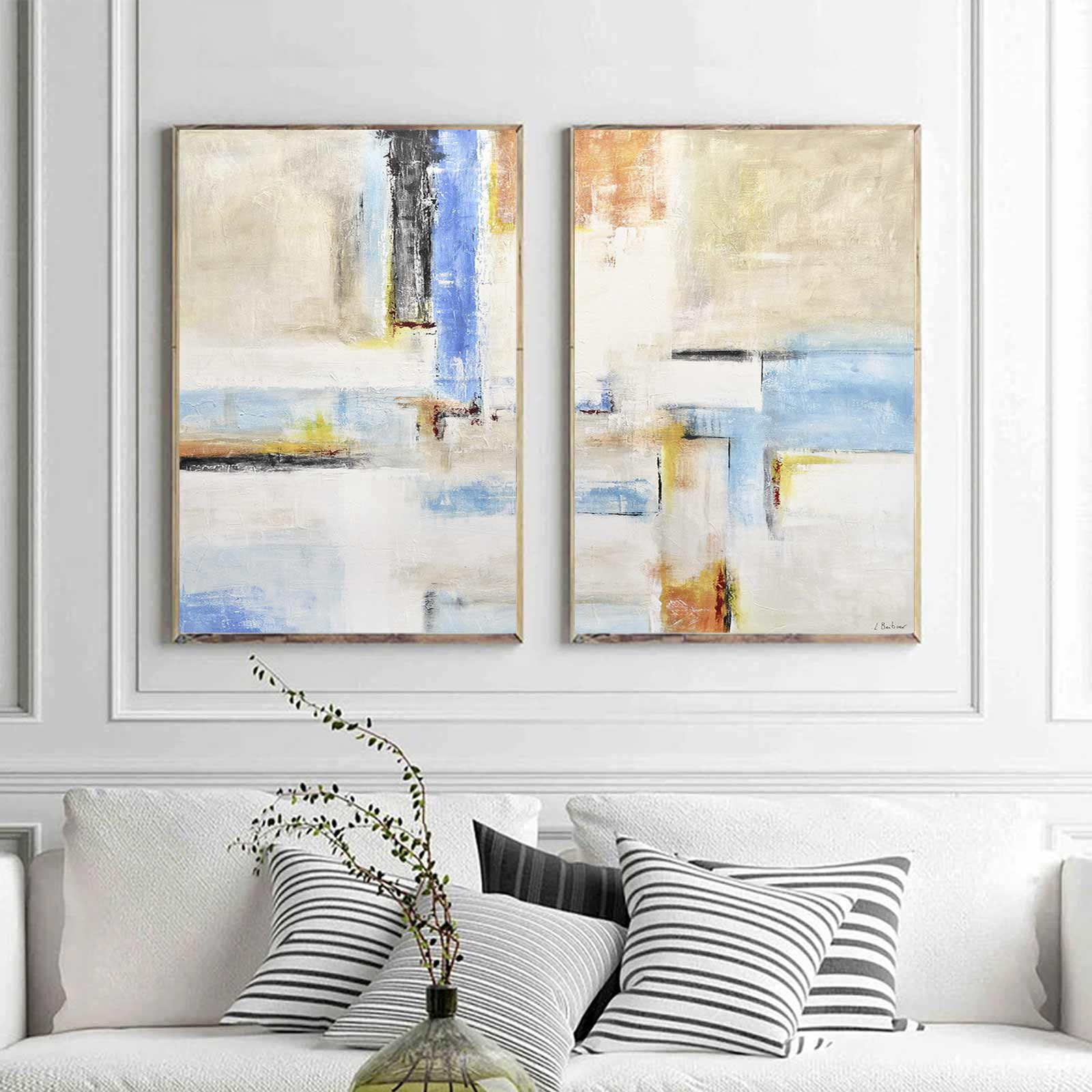 Diptych Paintings Modern Abstract Above Couch Colorful Art