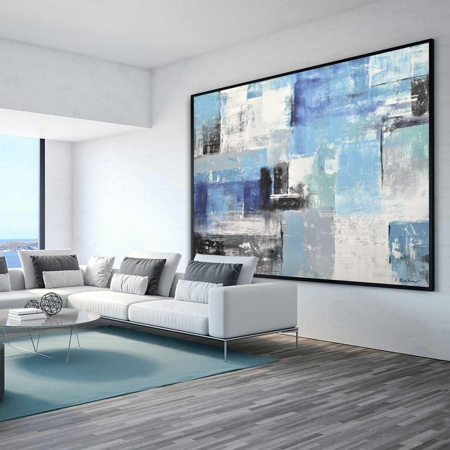 geometric abstract blue framed art