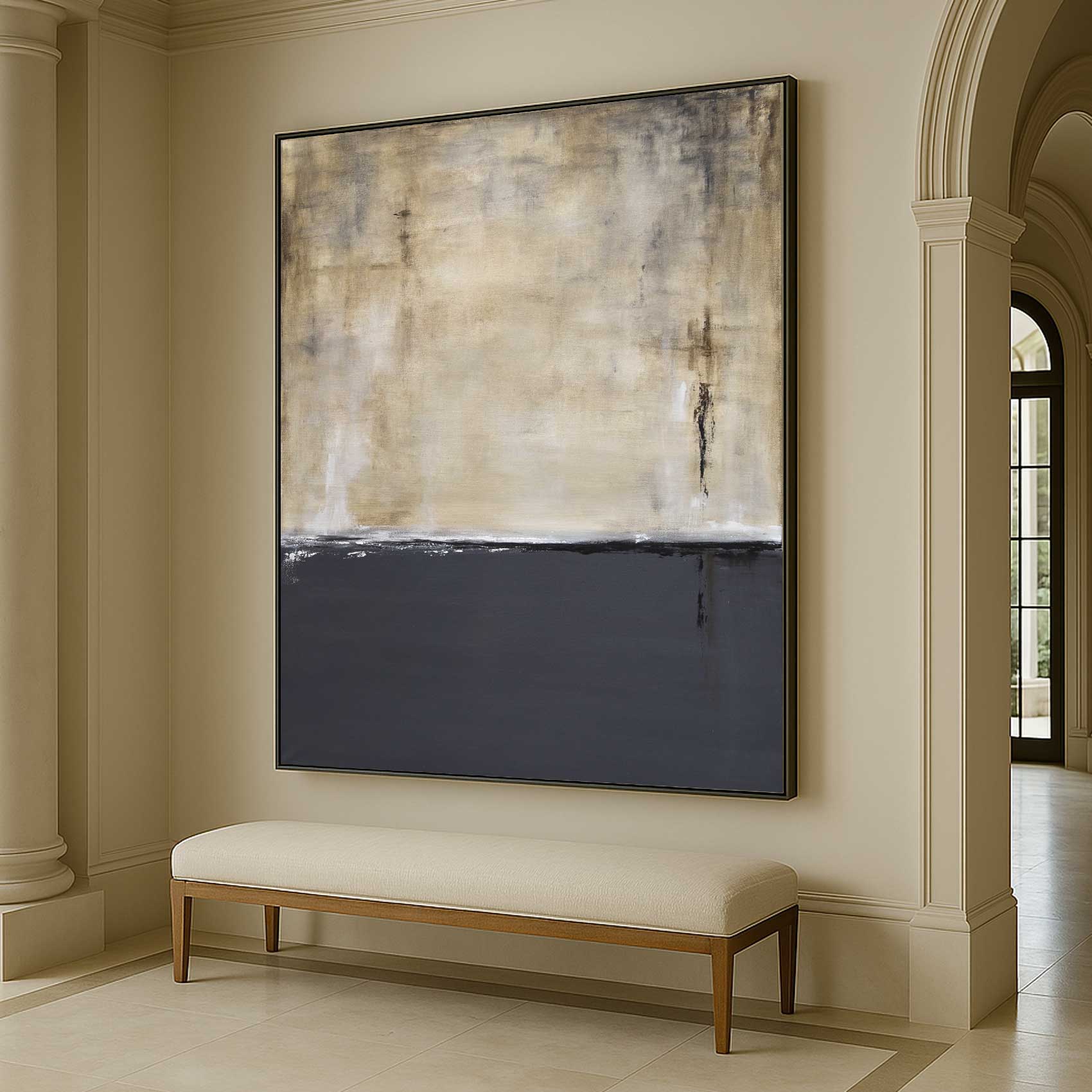 Abstract painting on a wall above a bench in an elegant room.