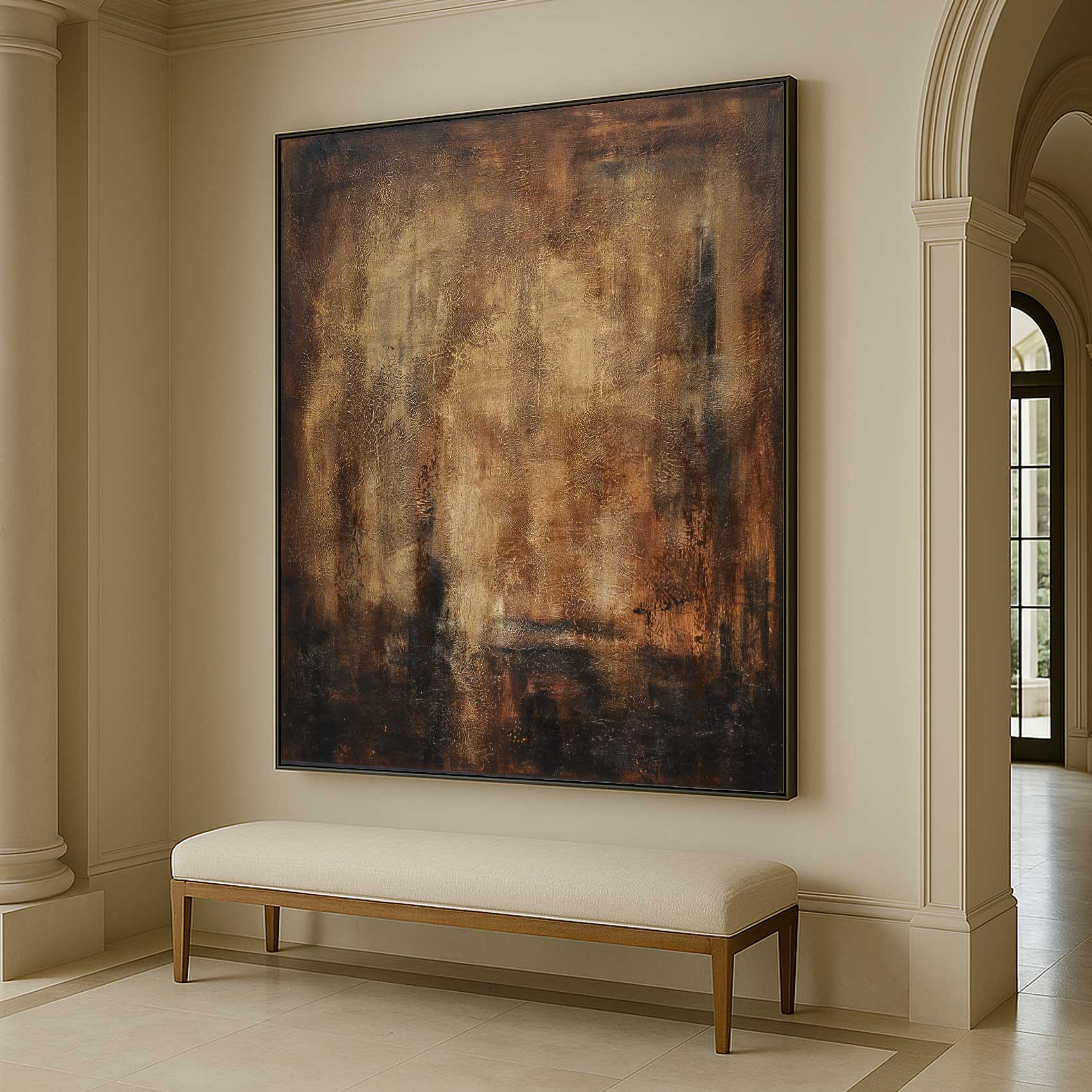 Large abstract painting on a wall in an elegant room with a bench below.