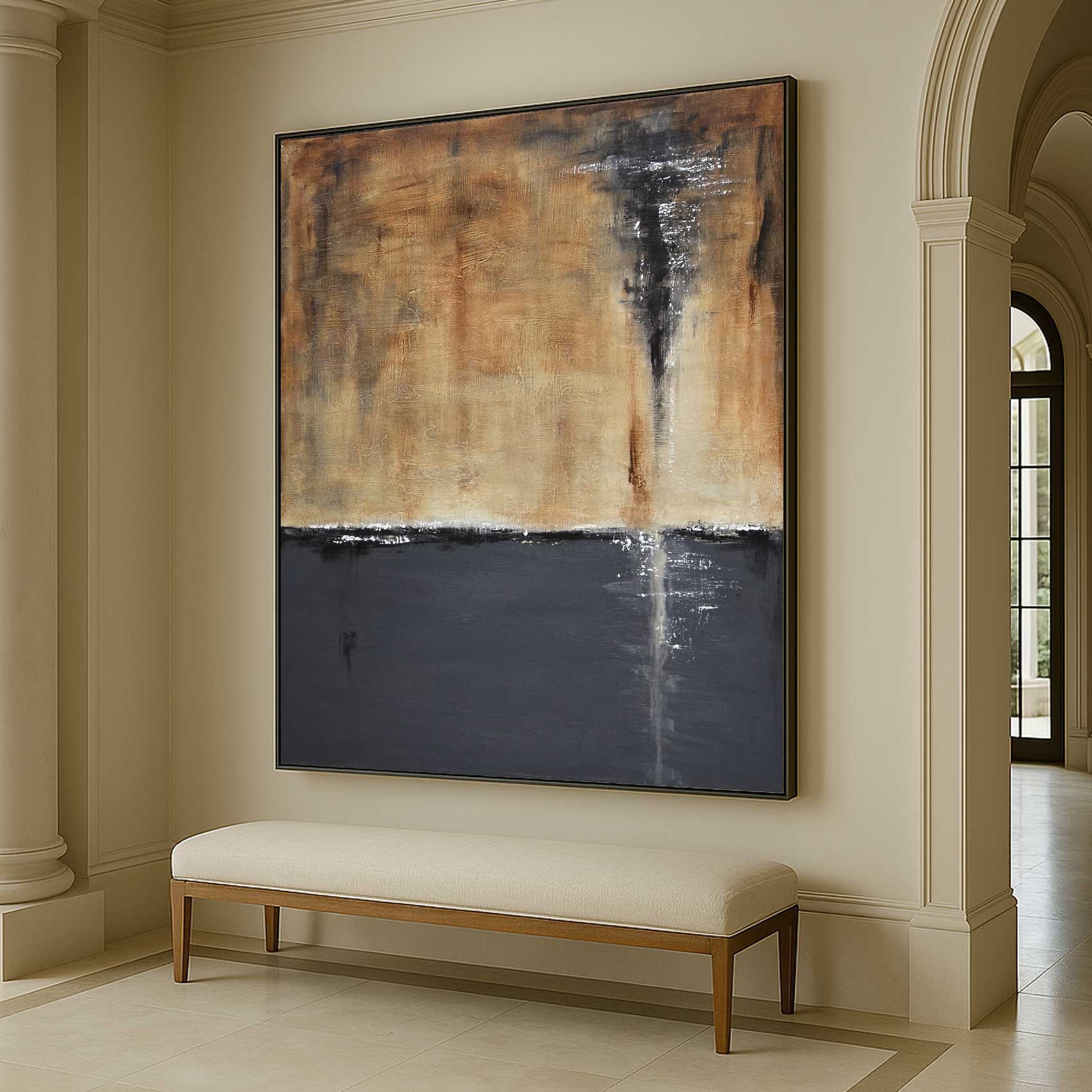 Abstract painting on a wall above a bench in an elegant room.