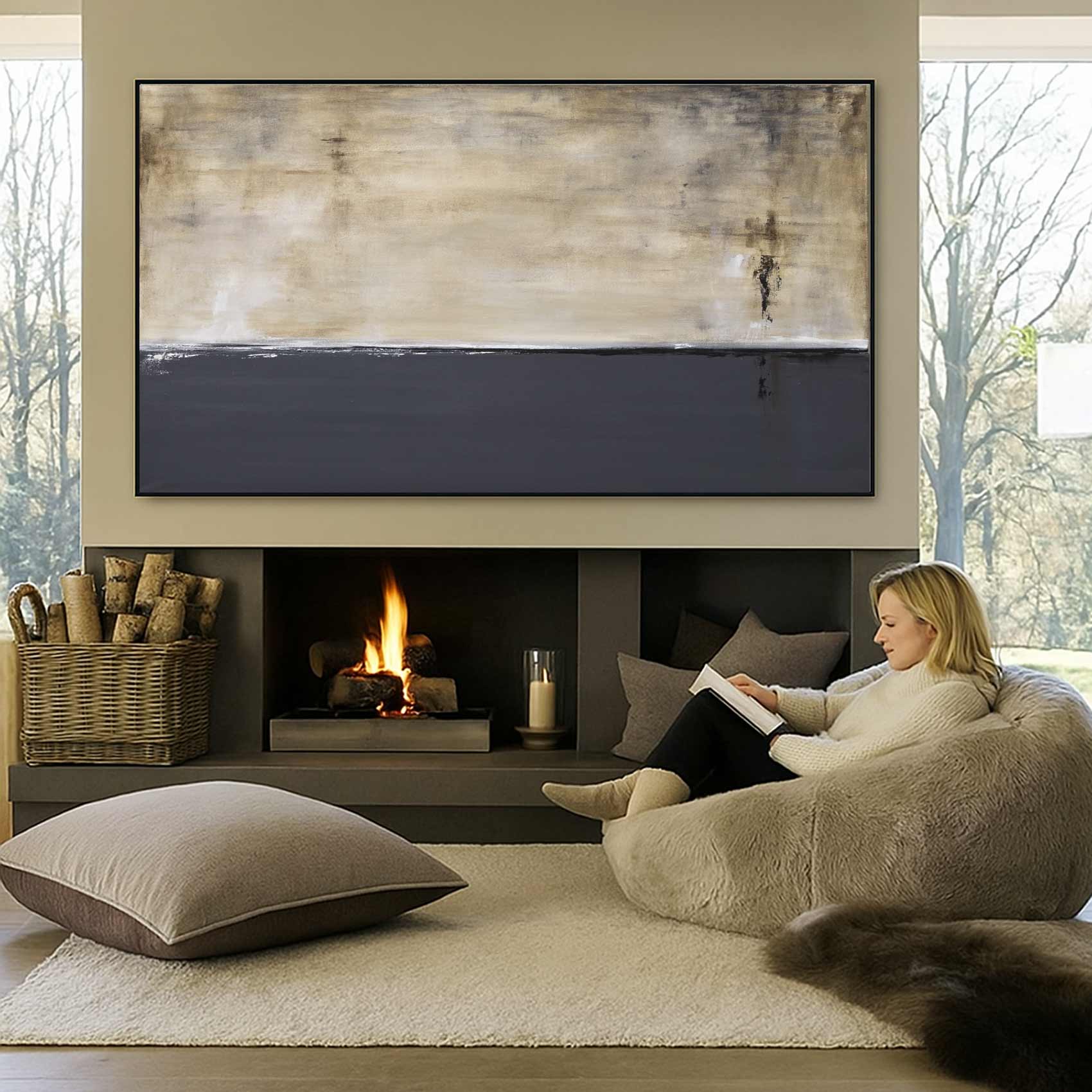Minimal Gray Brown Art On Canvas Above Couch Modern Abstract