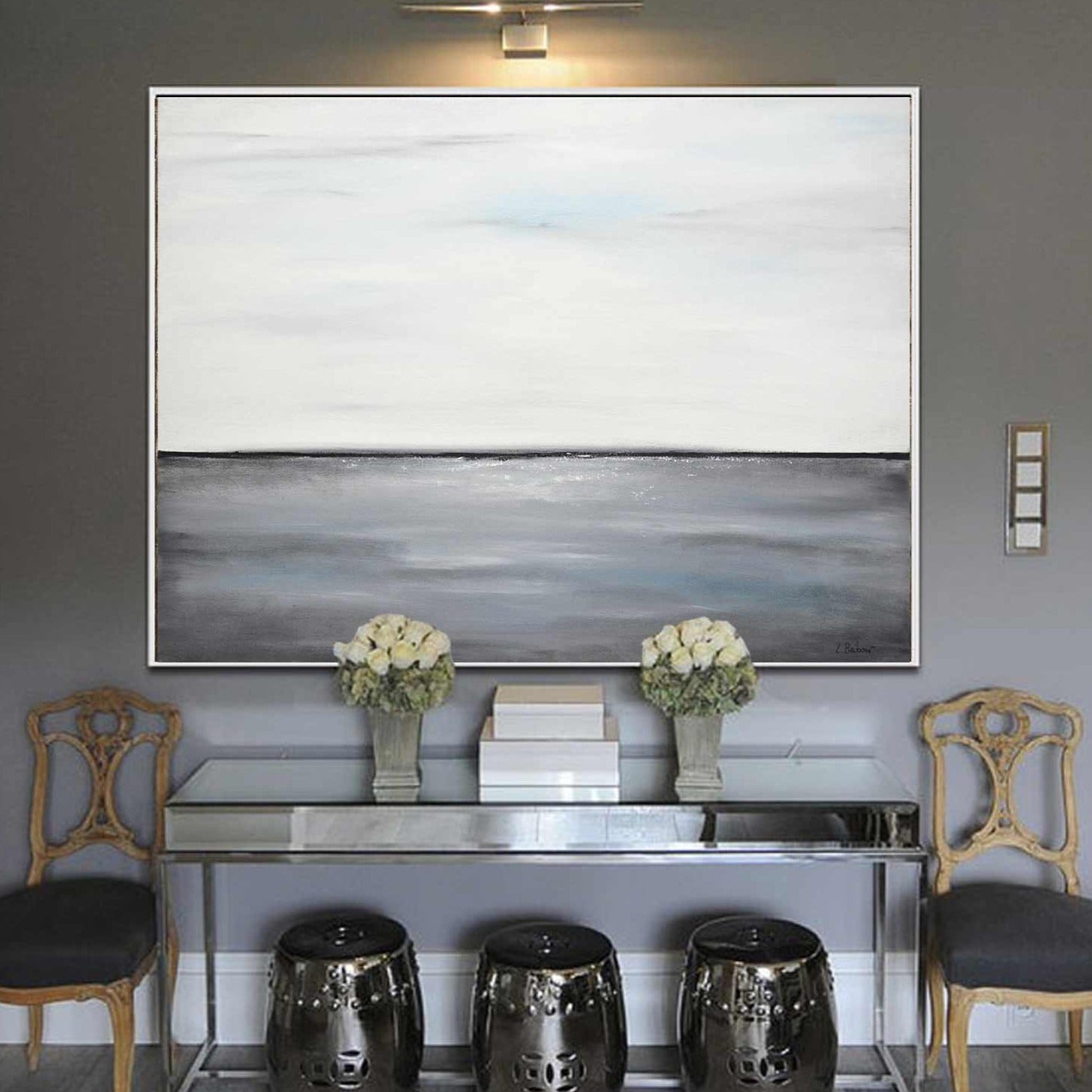 White Gray Hand Painted Very Large Wall Art Simple Seascape Art Style