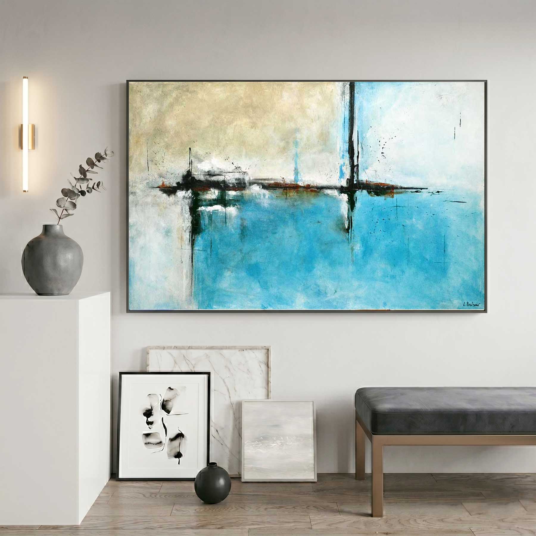 large abstract turquoise beige painting above bench