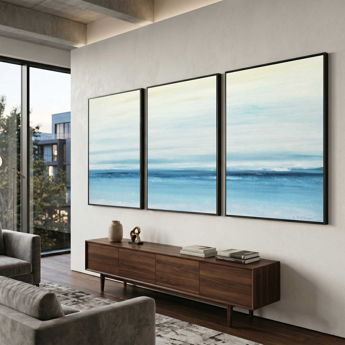 Light Blue Minimal seascape set of three Framed Artwork Modern Art