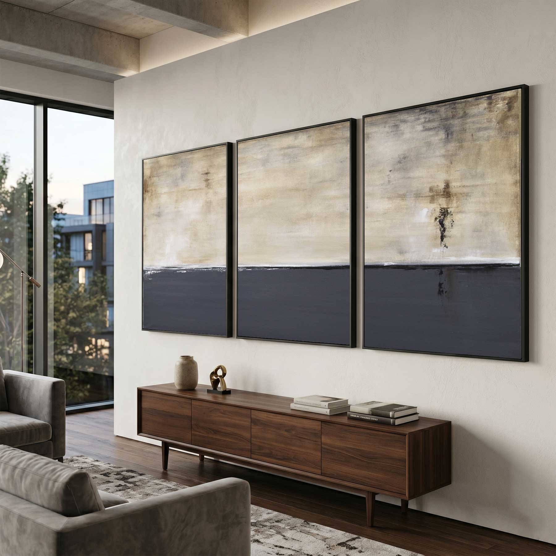 living room art Set of Three Paintings For Office Framed Triptych Art Gray Beige