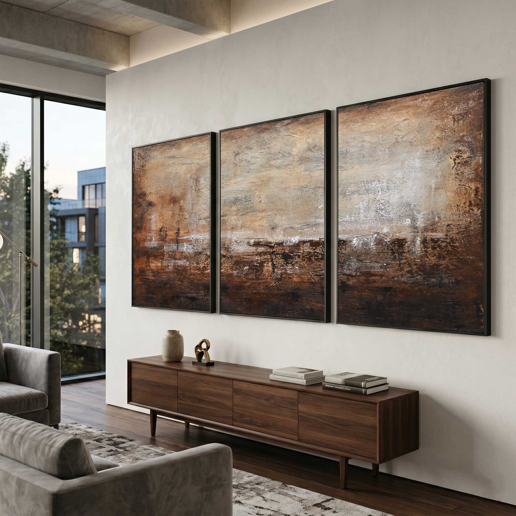 Textured Brown Triptych Abstract living room Wabi Sabi