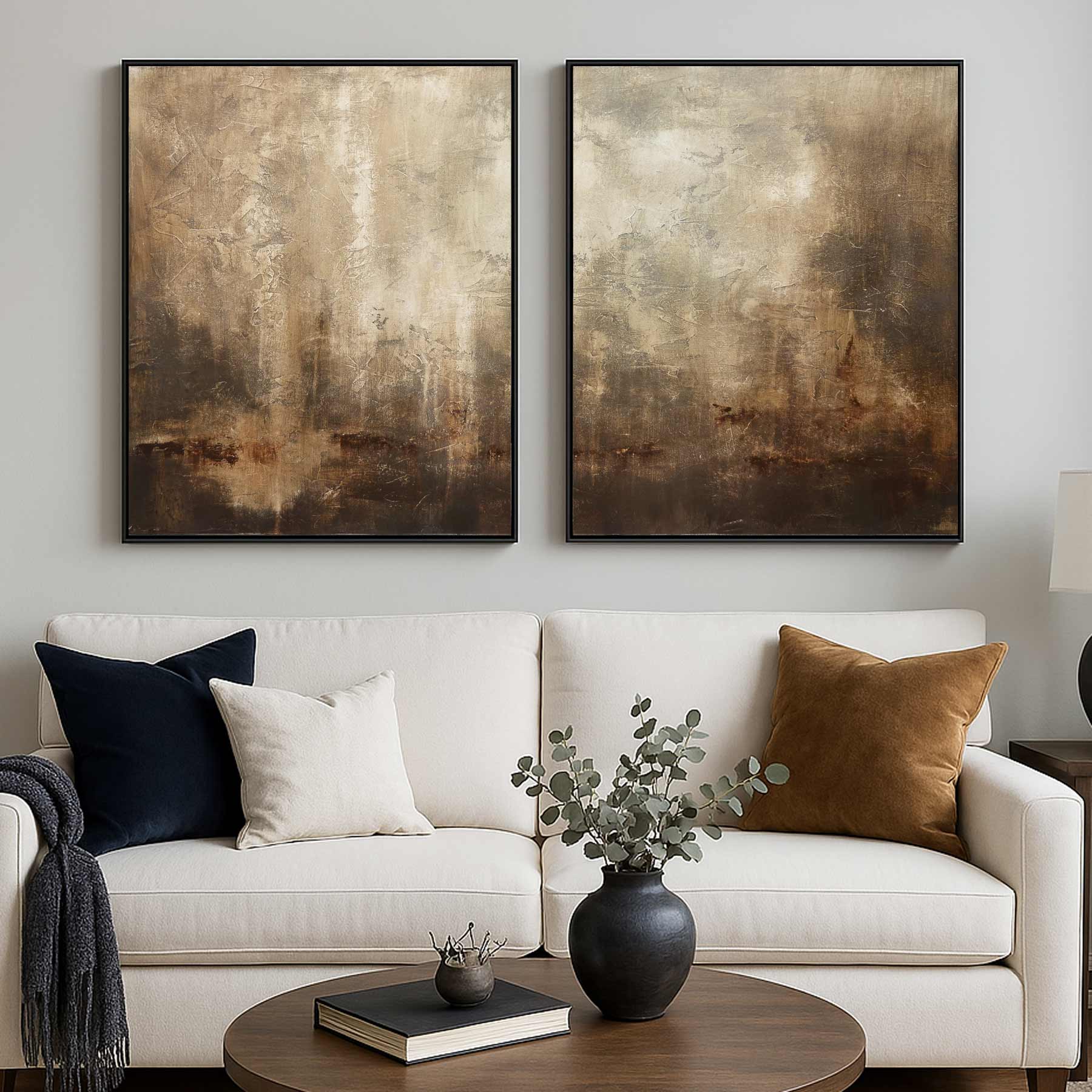 Contemporary Hand Painted Art On Canvas 2 Piece Brown Beige living room