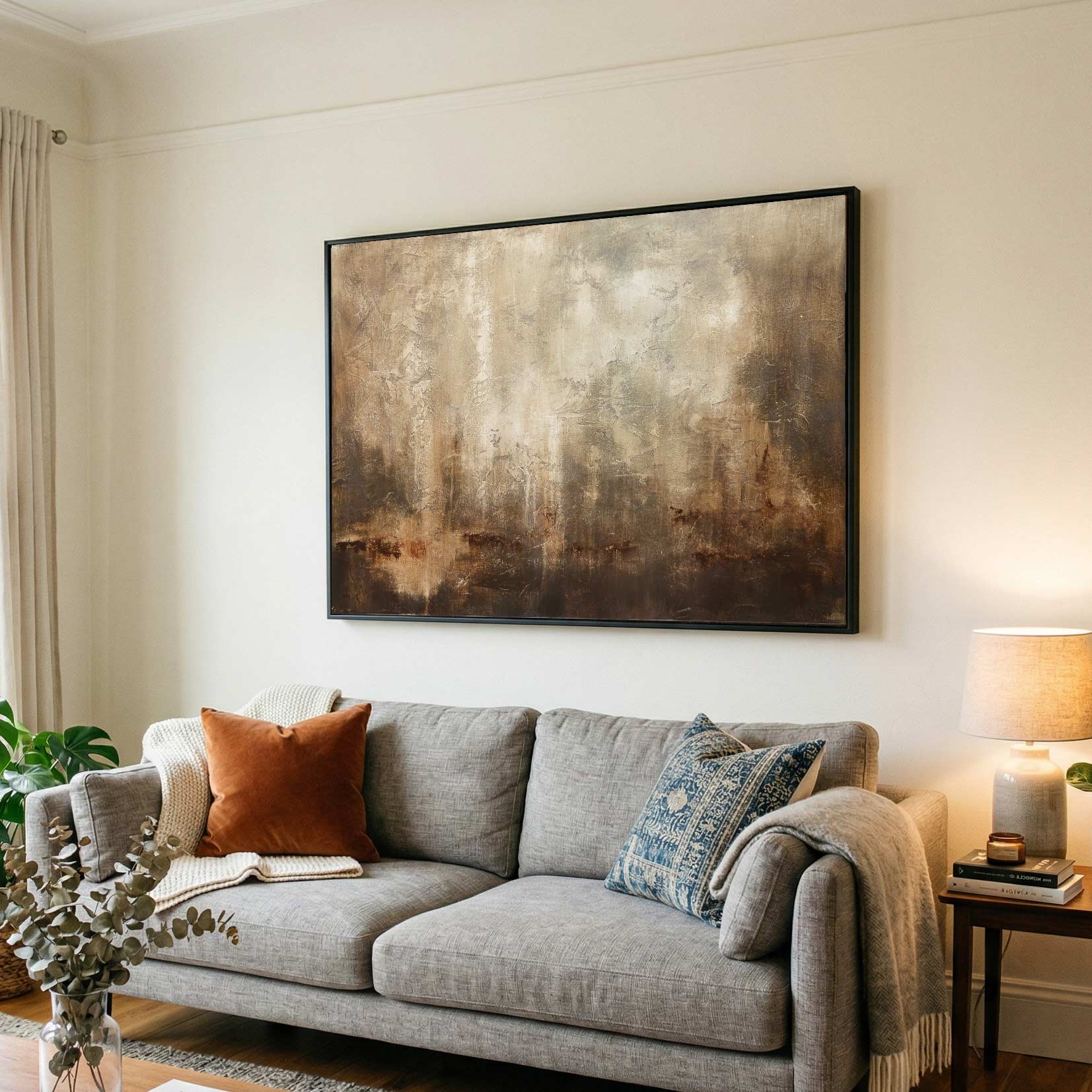 Living room with a gray sofa, decorative pillows, and a large abstract painting on the wall.
