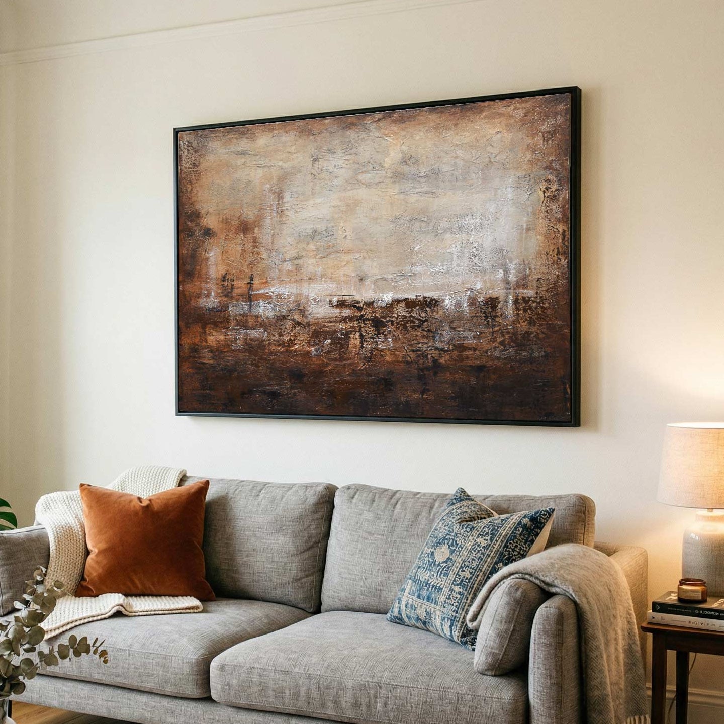 brown wabi sabi art in living room