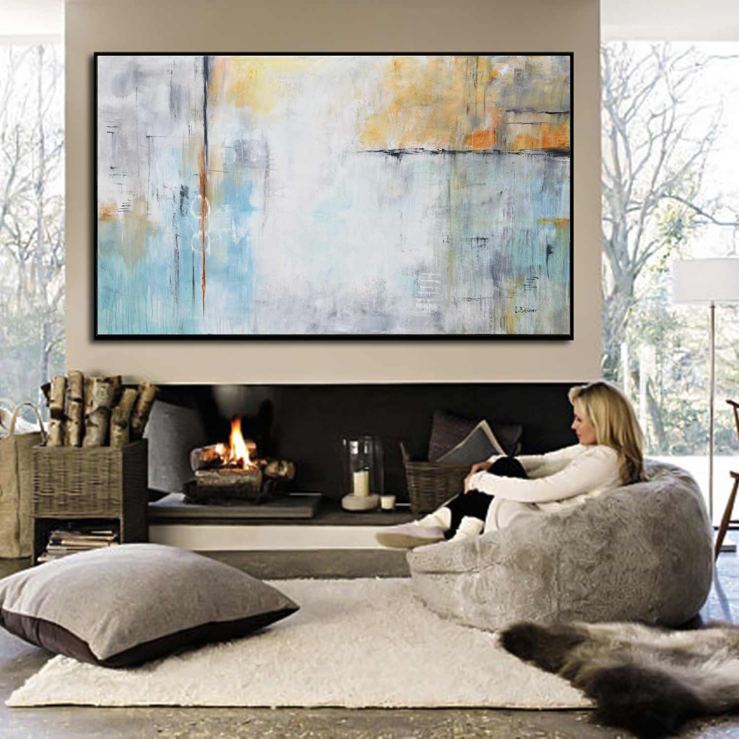 Large Modern Wall Art Giant Painting Wood Framed Canvas