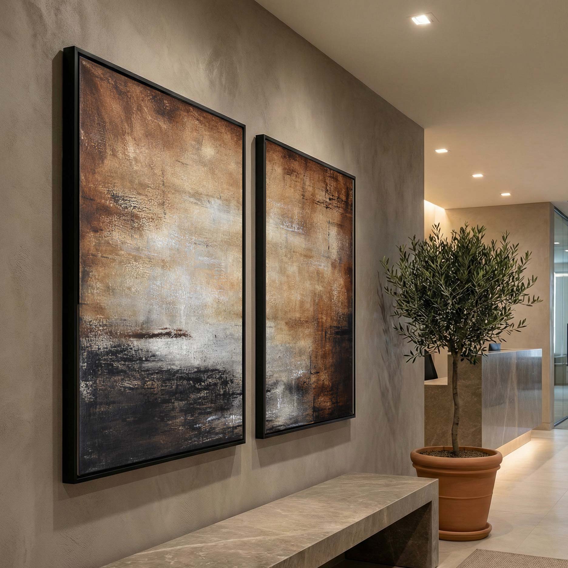 Diptych Art For Office Wall 2 Piece Brown Abstracts American Artist office lobby