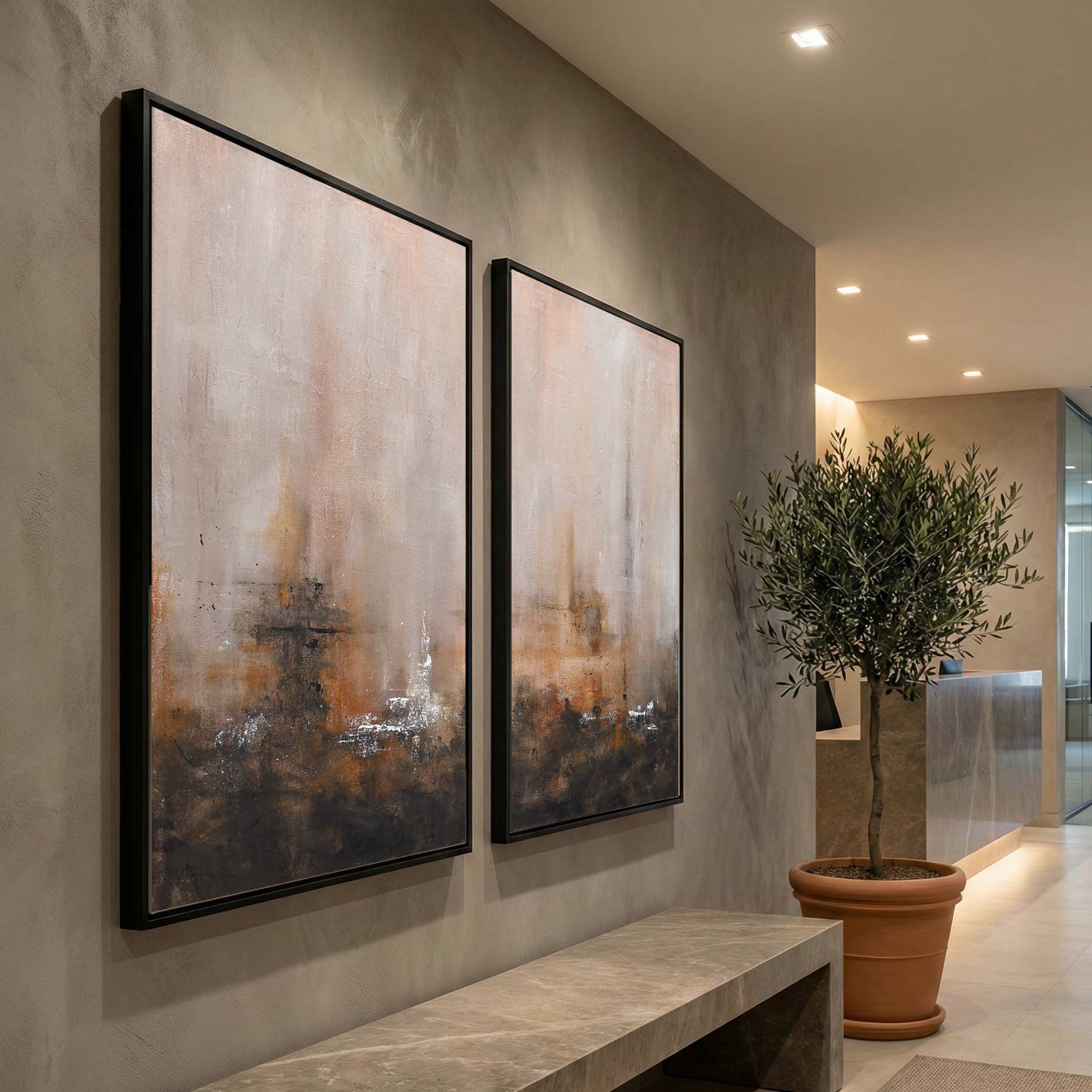 office lobby Two Piece Abstract Art Earth Tones Multi Panel Brown Siena Painting