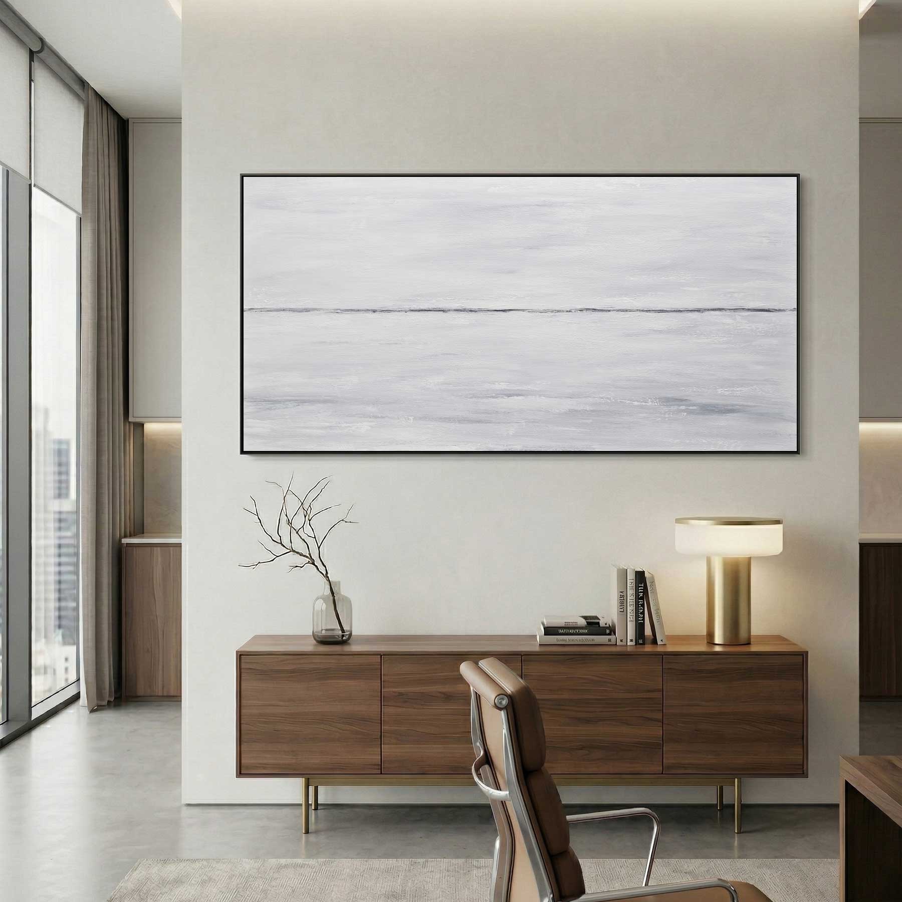 office art Light Minimal Panoramic Original Painting White Gray Framed Art
