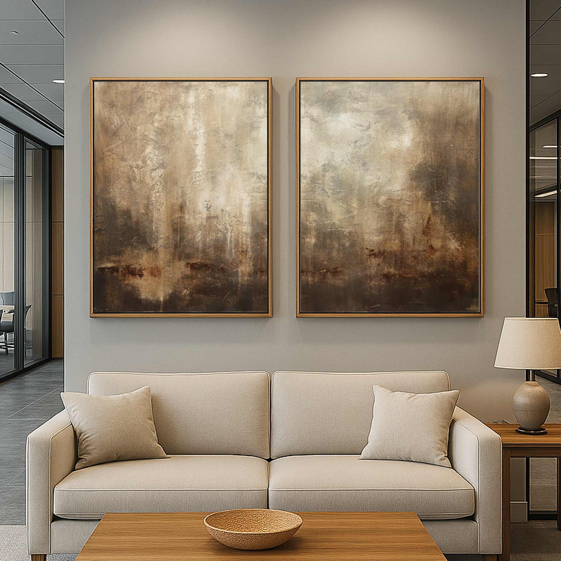 Contemporary Hand Painted Art On Canvas 2 Piece Brown Beige office art