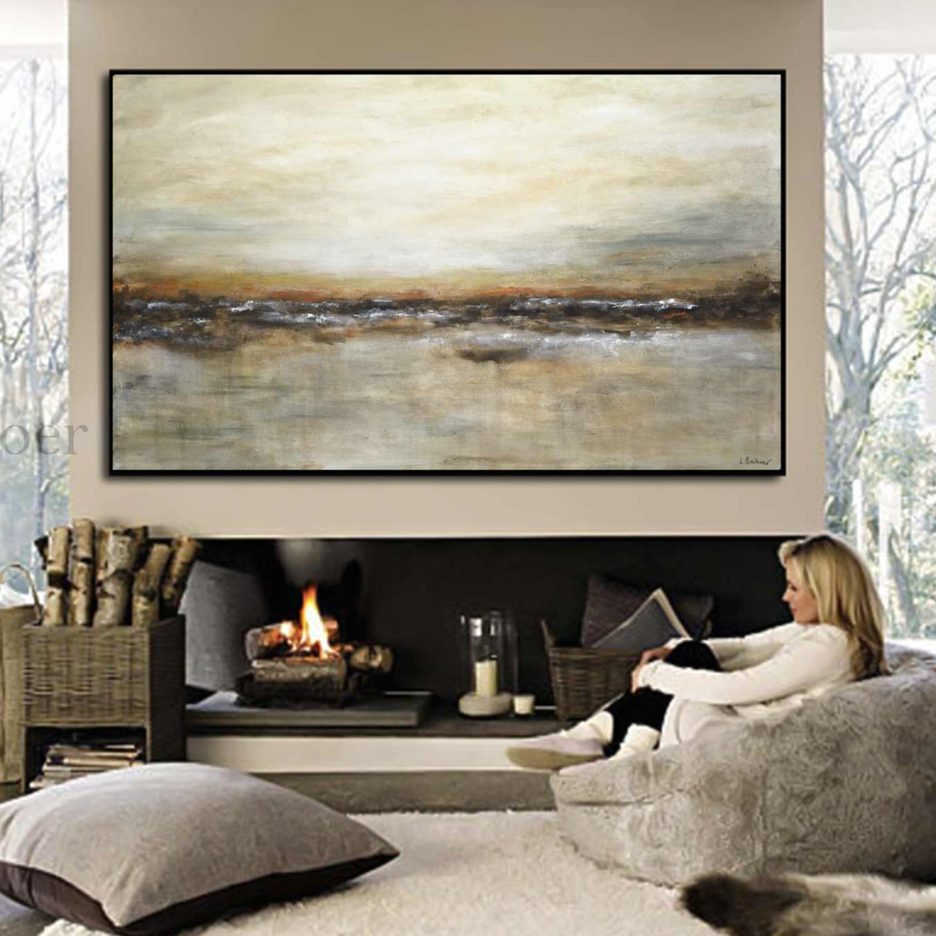 Contemporary Brown Landscape Painting Horizontal Canvas Handmade