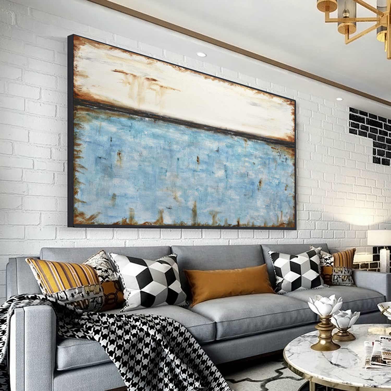 Blue Turquoise Wide Framed Abstract Painting Above Couch "Live Forever"