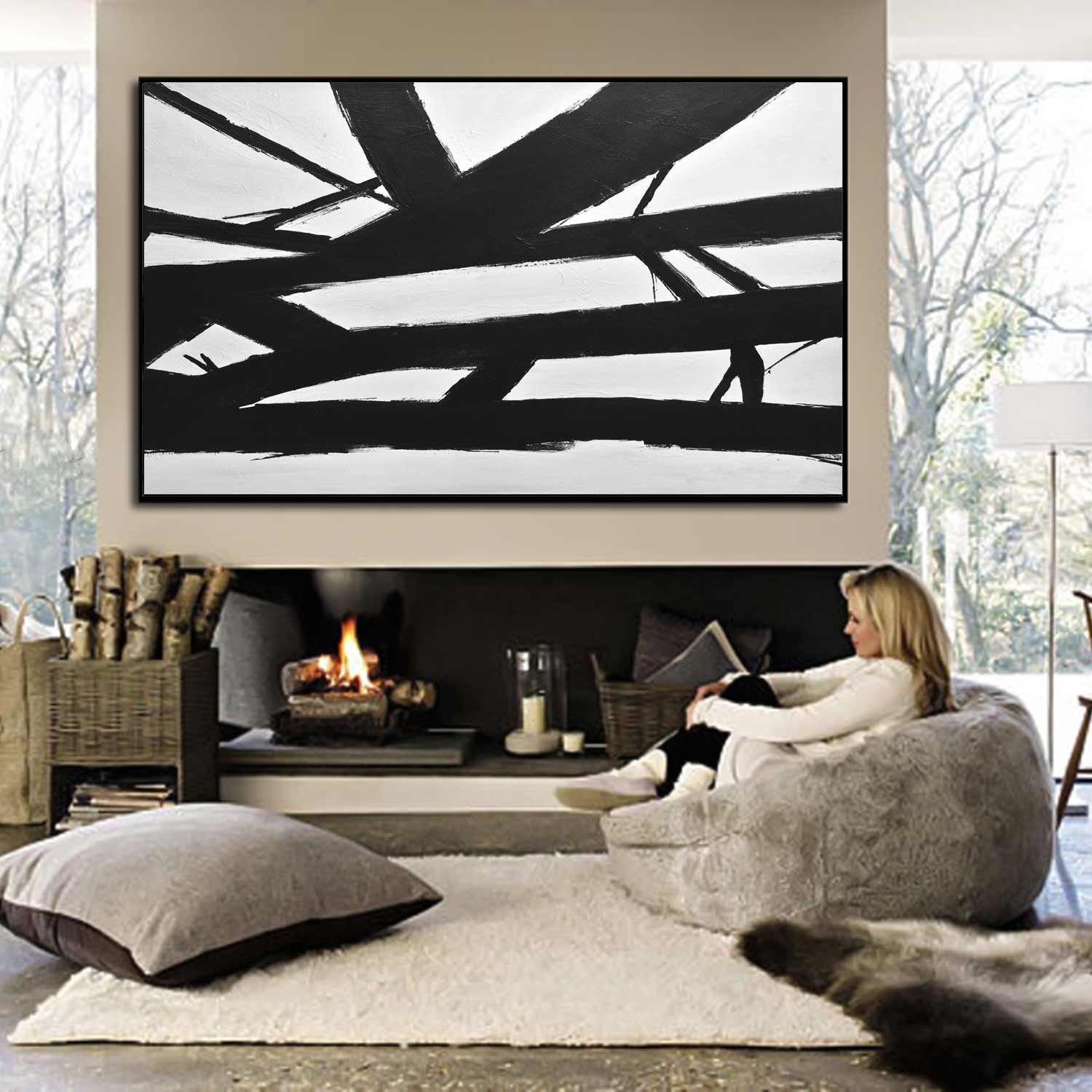 Expressionist Modern Abstract Painting Line Art Vintage Retro Canvas