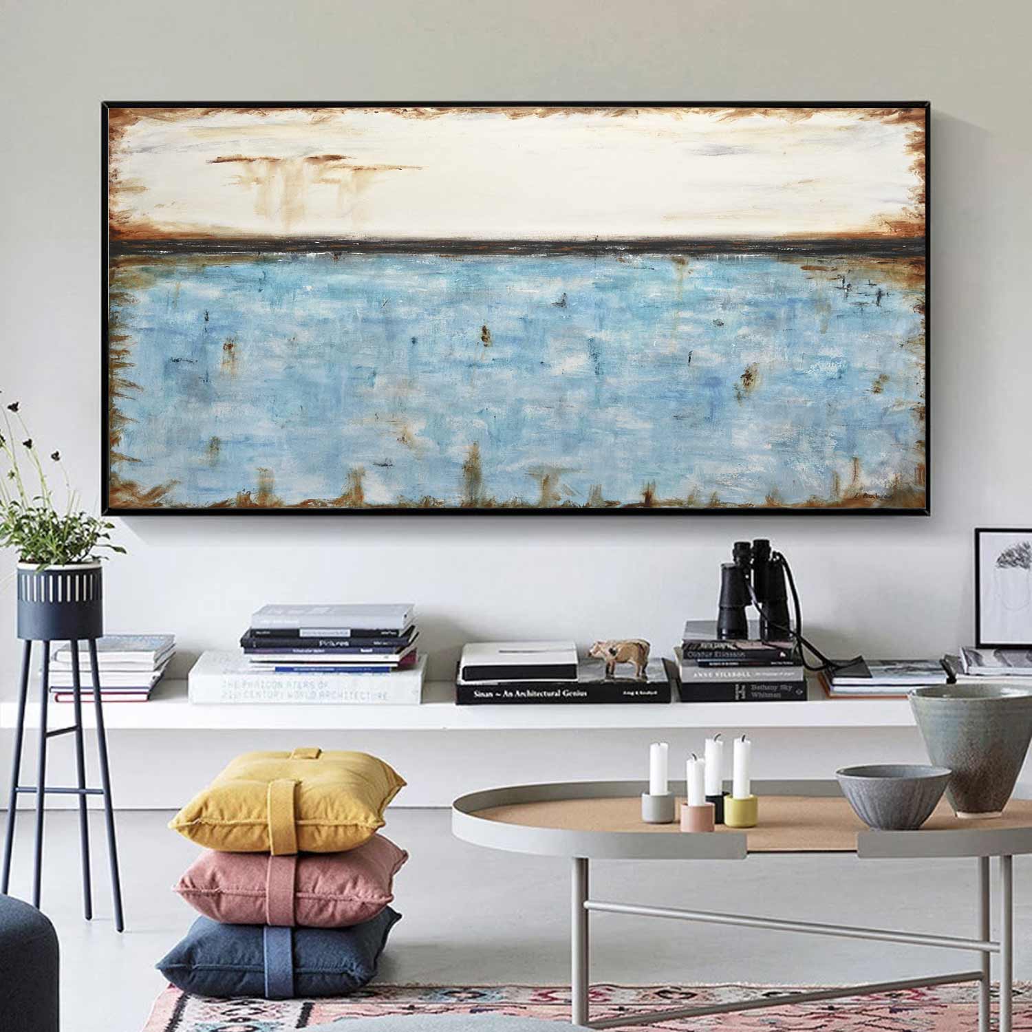 Blue Turquoise Wide Framed Abstract Painting Above Couch "Live Forever"