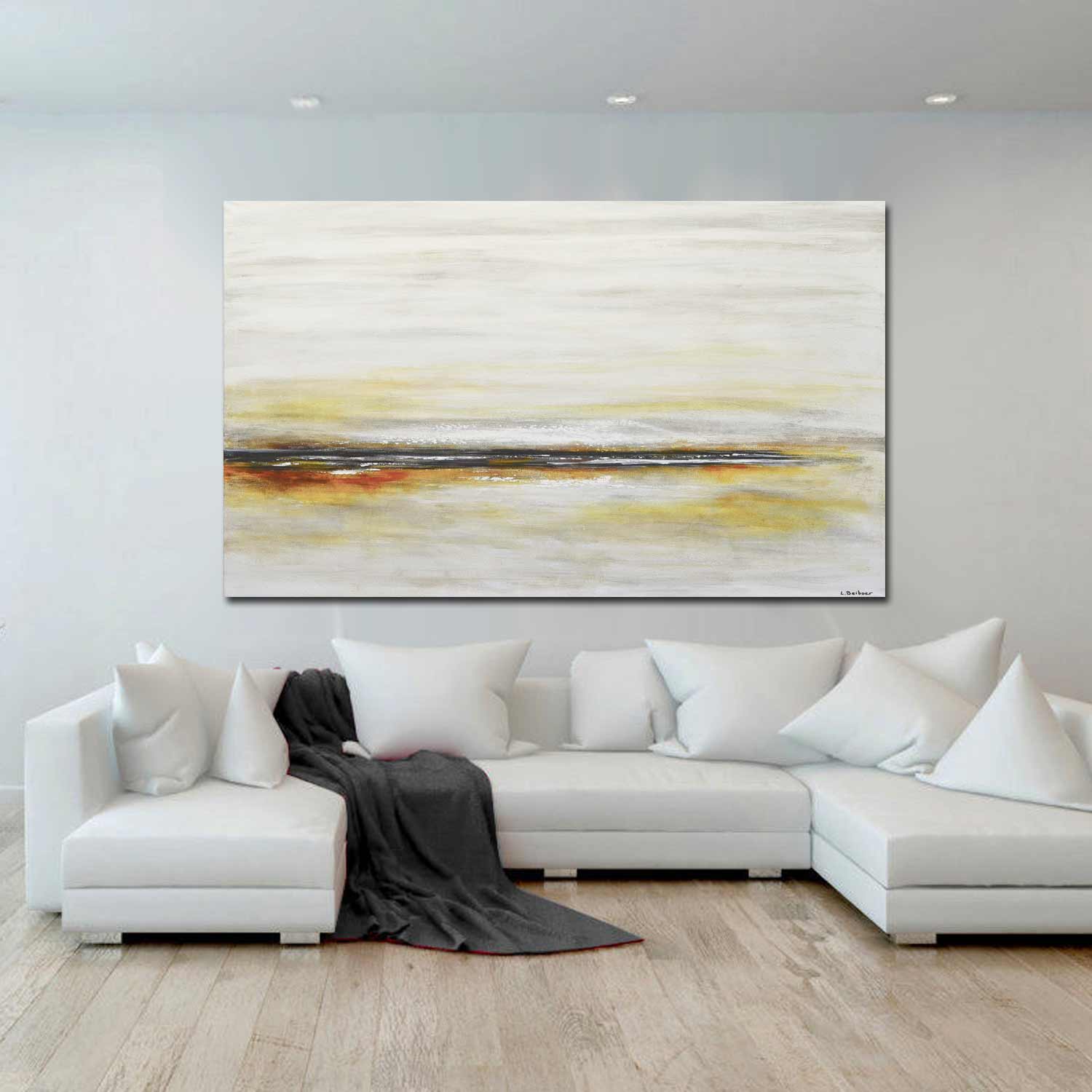 Beige Yellow Clean Light Minimal Painting Beach Scene Large Artwork