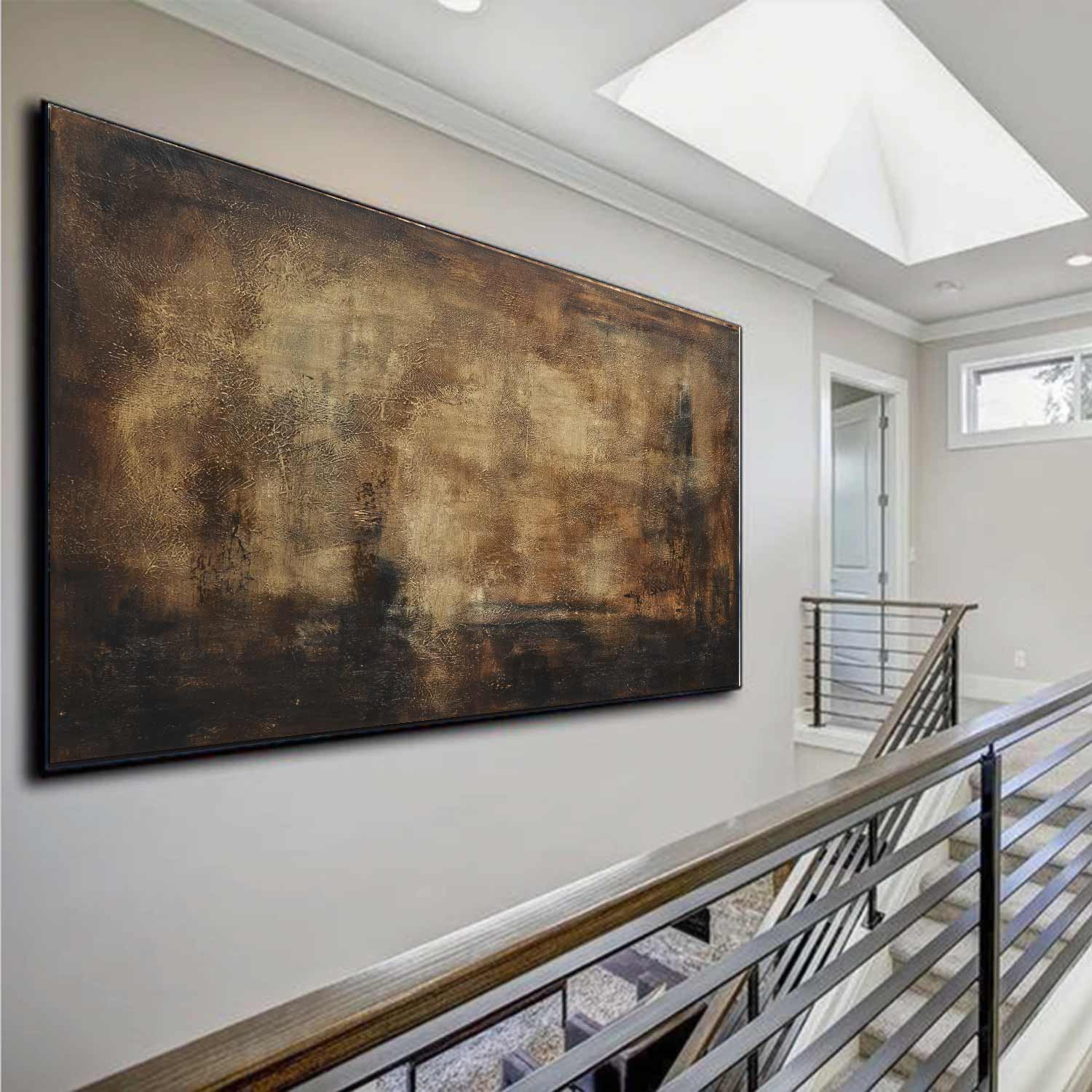 Wide Abstract Painting Brown Wabi Sabi Wall Art staircase hallway