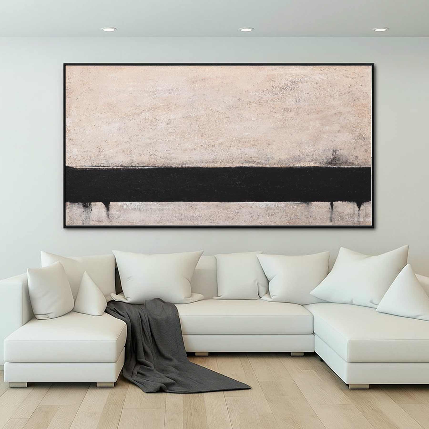 Black Band Beige Abstract Wabi Sabi Painting Modern Wall Decor panoramic
