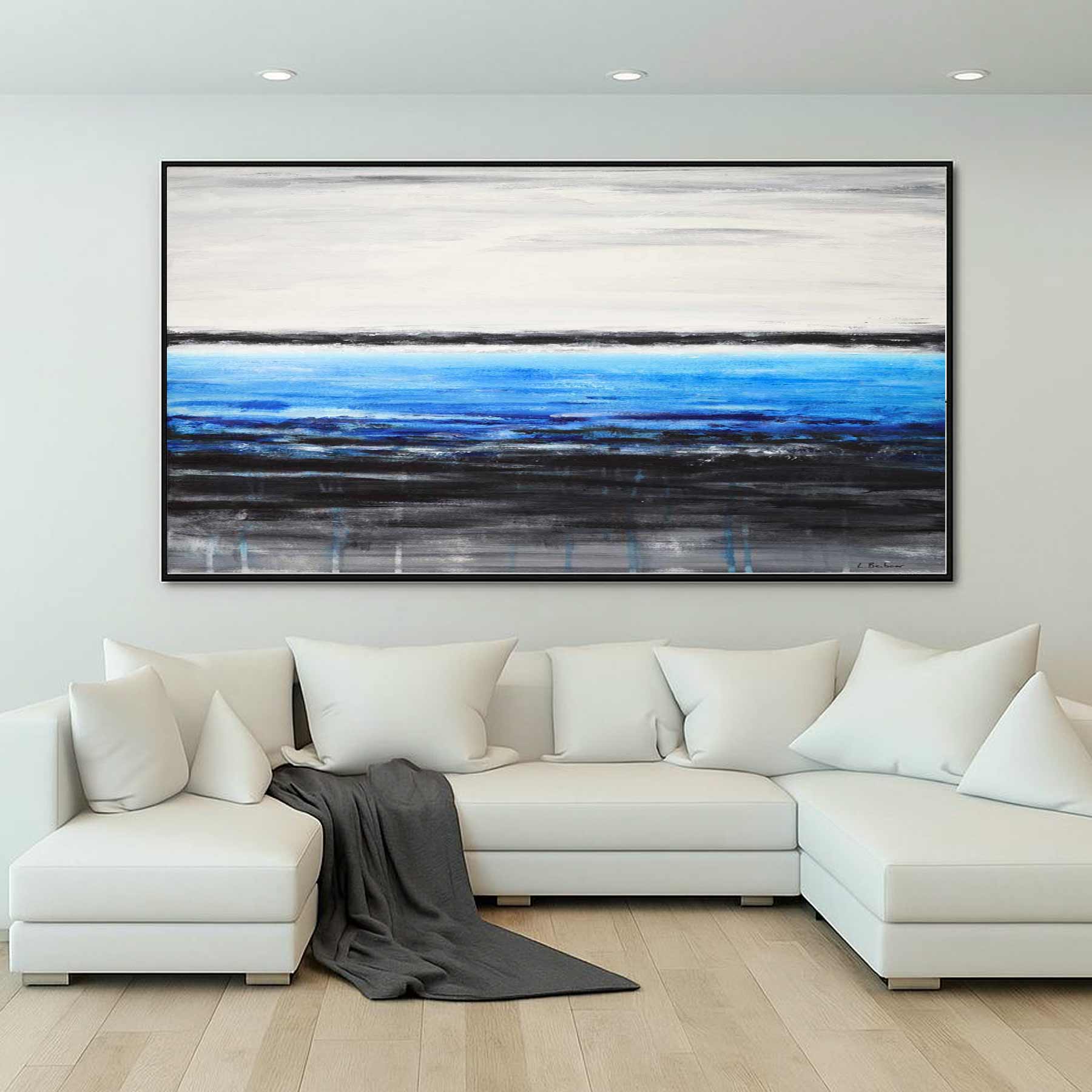 panoramic Deep Blue Seascape Painting Framed Art Modern Design