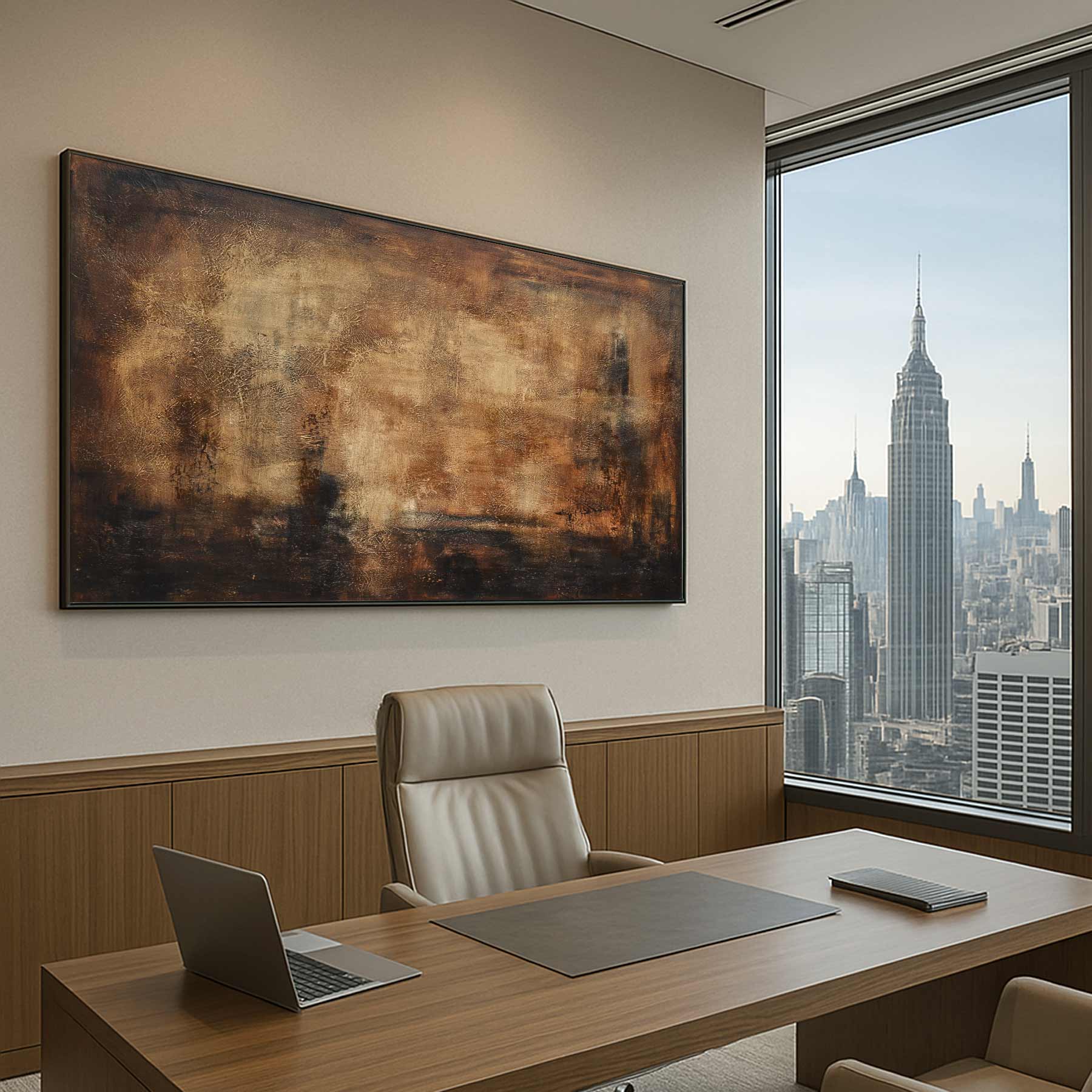 Modern office desk with laptop, chair, and cityscape view