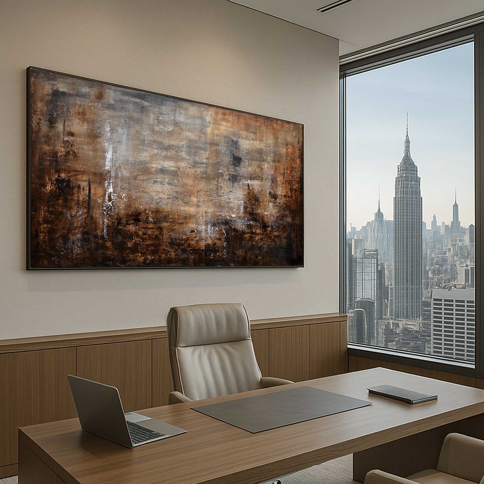 Modern office desk with laptop, chair, and large abstract painting in a room with a cityscape view.