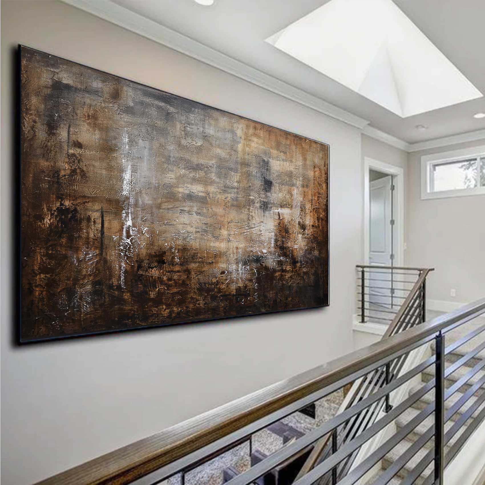 Abstract art painting on a wall in a modern interior setting with stairs.