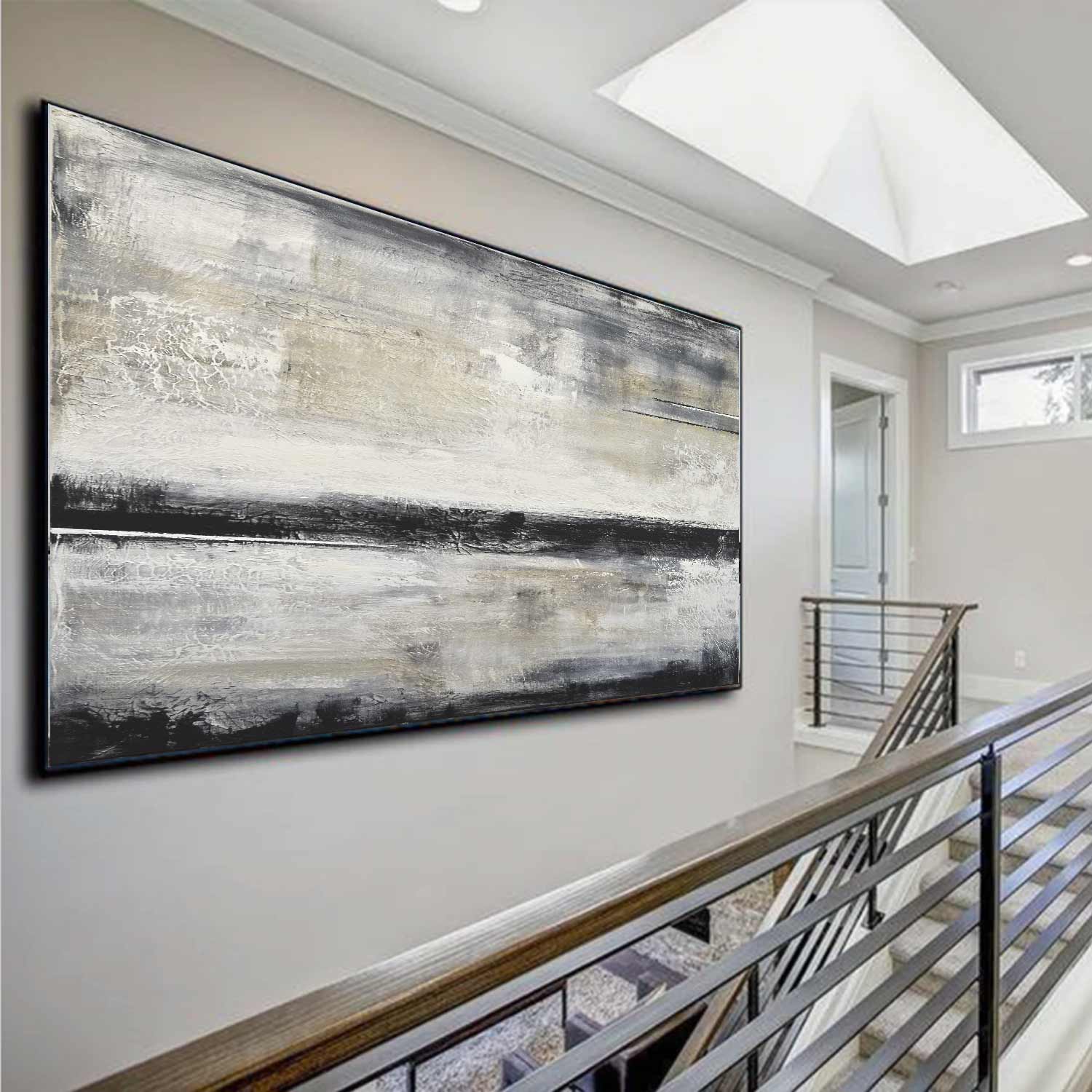 Panorama Framed Abstract Beige Gray Art Line Horizon