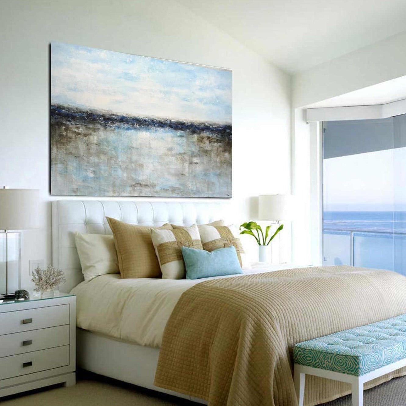 seascape Wood Framed Waterscape Painting Blue Unique Wall Art Blue Coastal