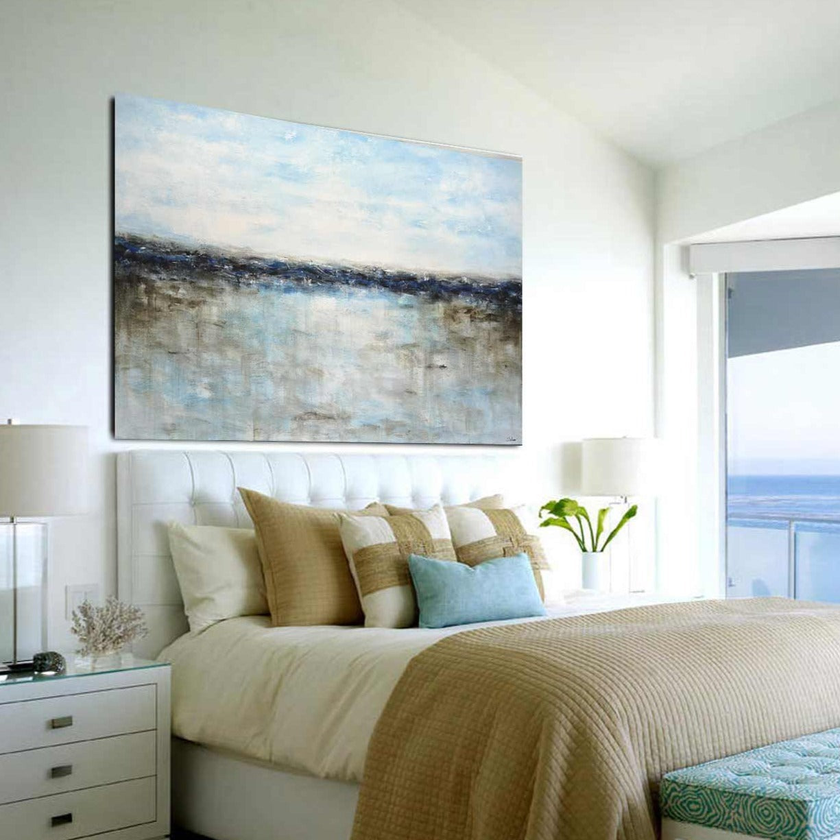 seascape Wood Framed Waterscape Painting Blue Unique Wall Art Blue Coastal