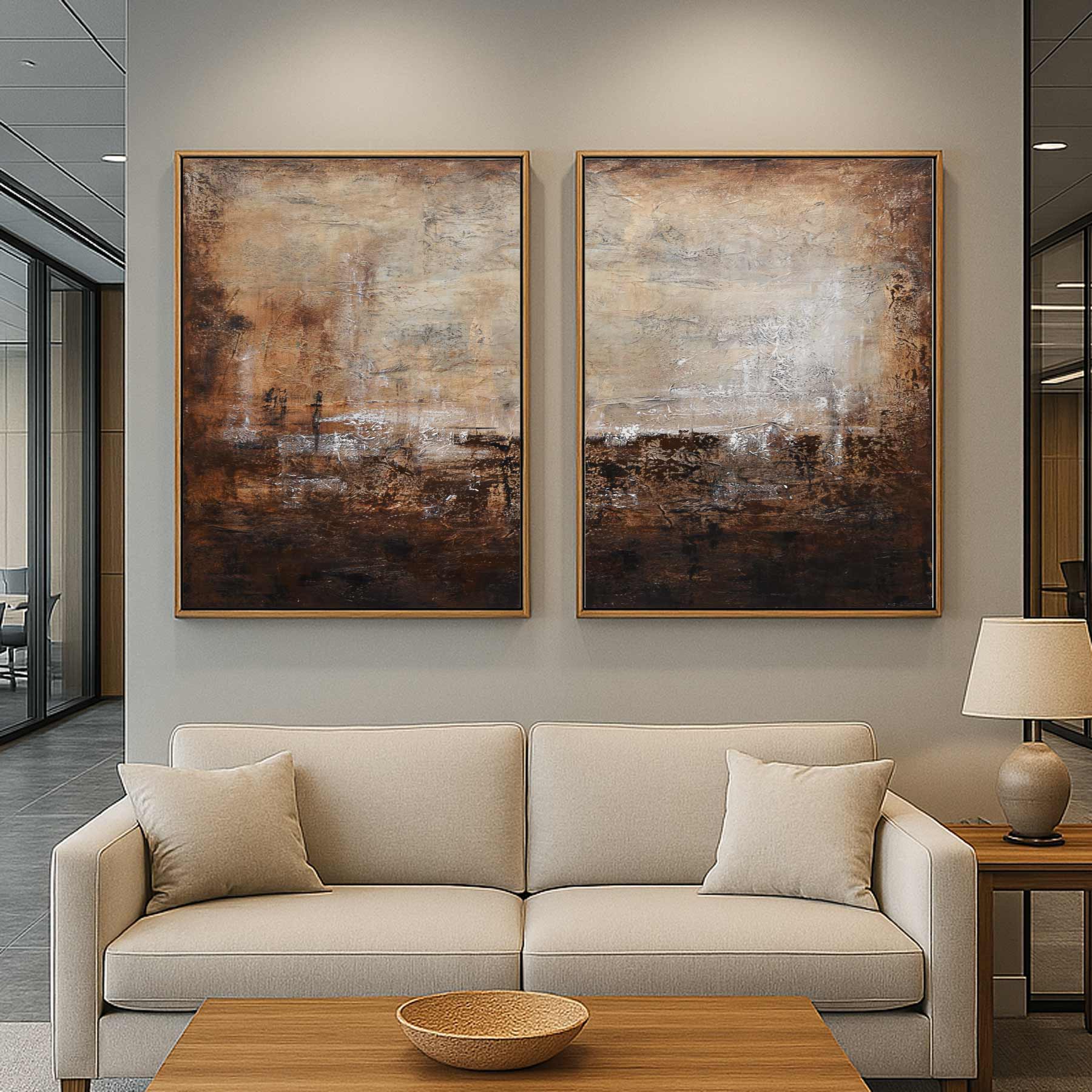 set of 2 Abstract Paintings Brown Large Framed Art On Textured Canvas
