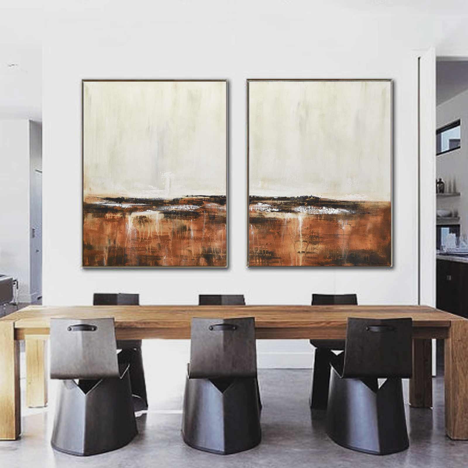 Contemporary Painting Hand Painted Two Panel Beige Brown