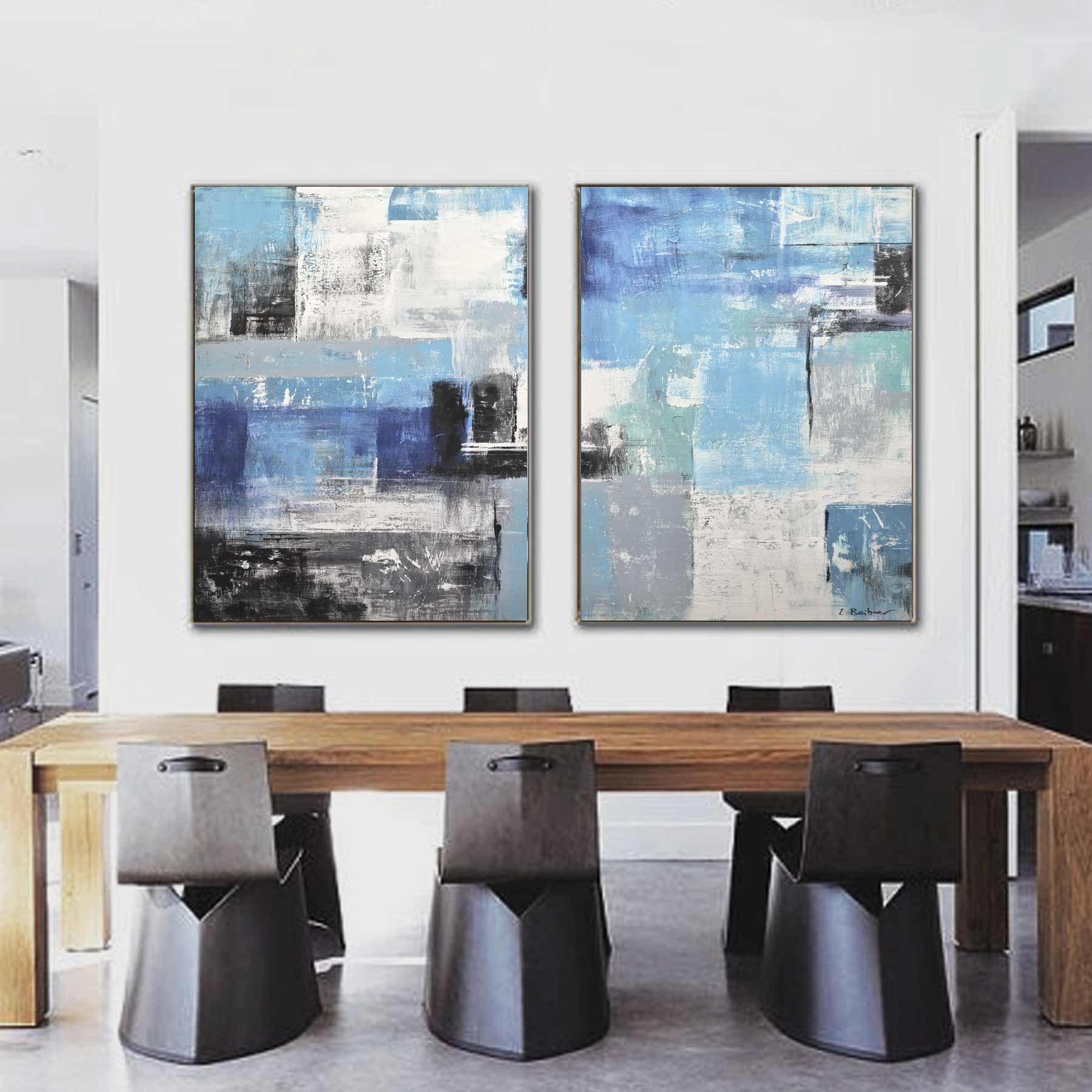 Geometric Paintings Two Panel Blue Abstracts Color Field