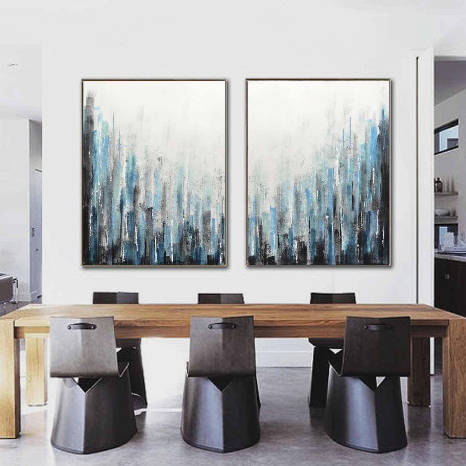 Line Art Painting Blue Stripes set of 2 paintings On Canvas