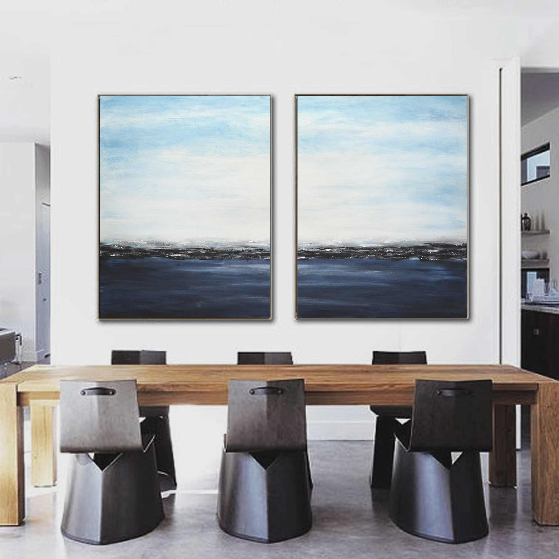 set of 2 large blue paintings