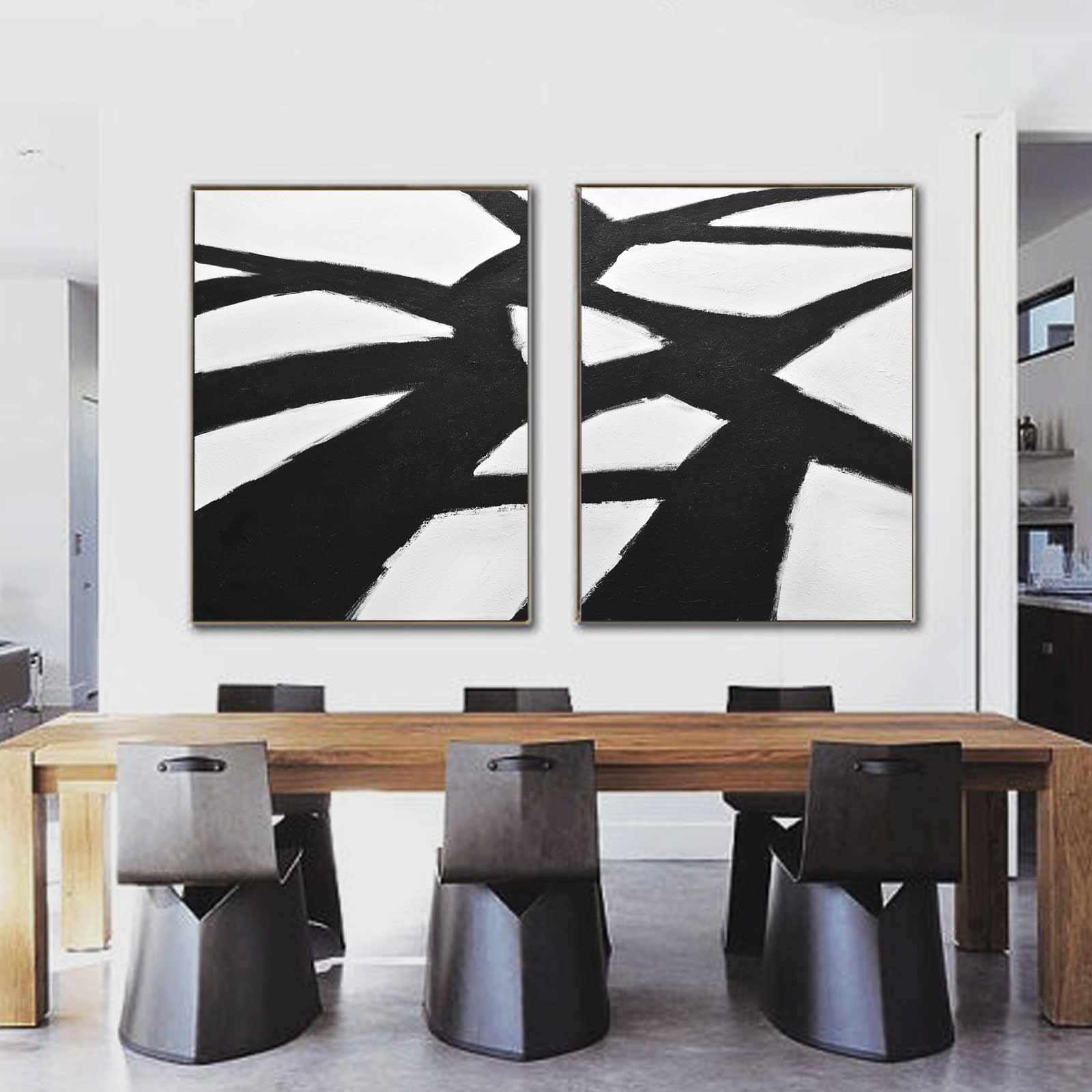 Geometric set of 2 Black White Acrylic Painting Art