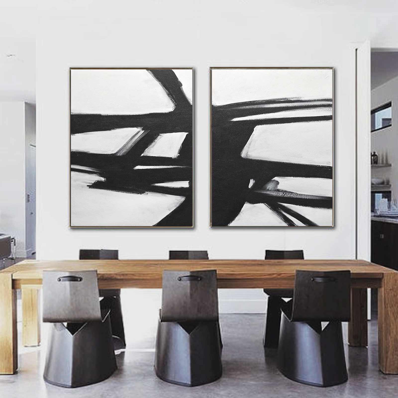 set of 2 large art painting black and white