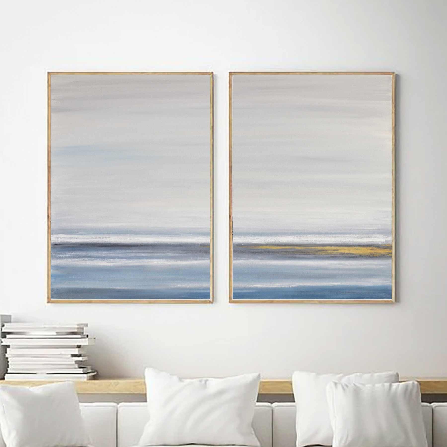 set of 2 large paintings blue gold