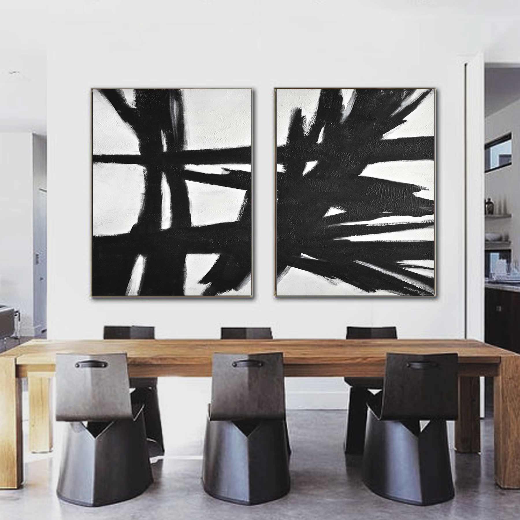 Two Piece Black and White Framed Abstract Paintings
