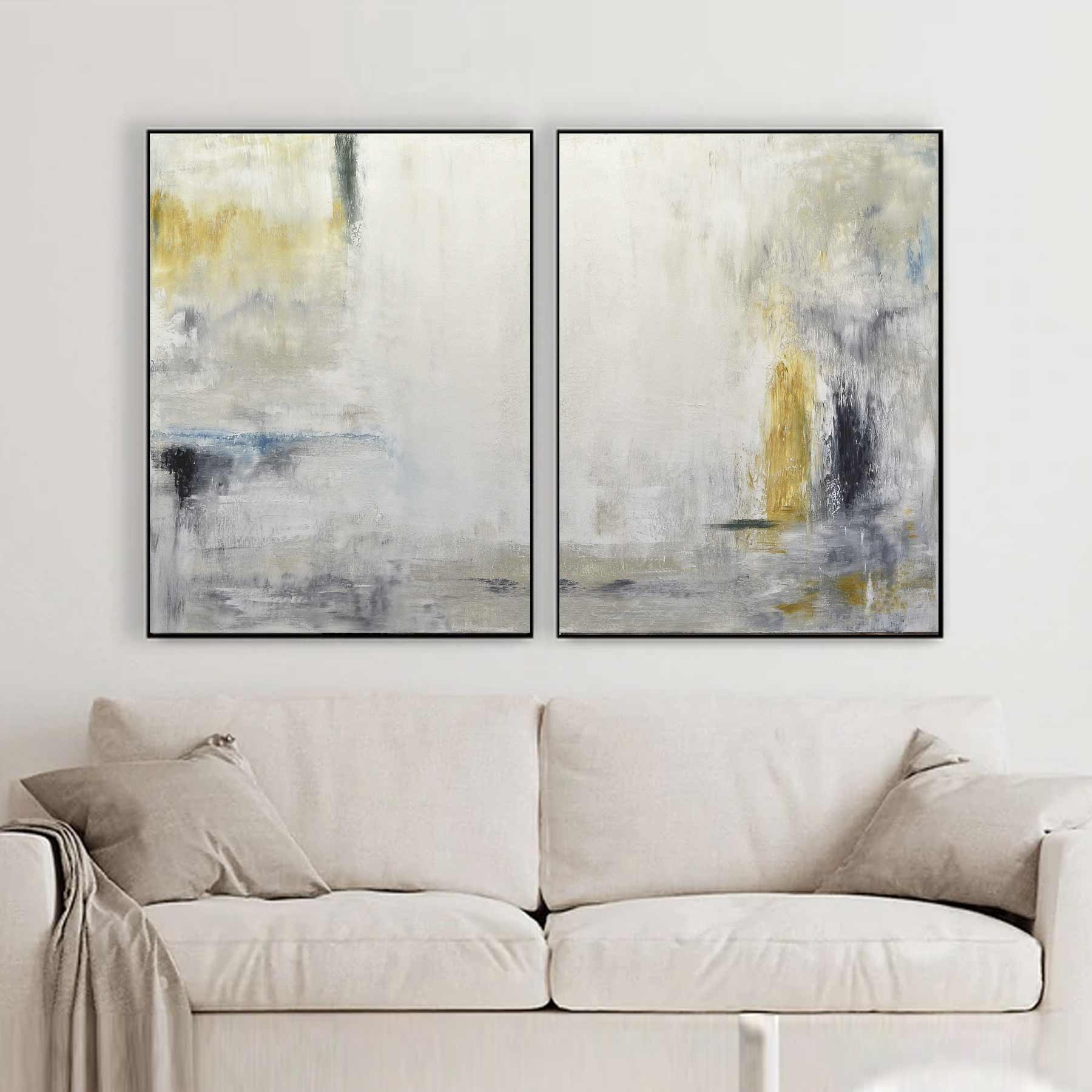 2 Piece Abstract Oversized Paintings Harmony Yellow Green "True Hints"