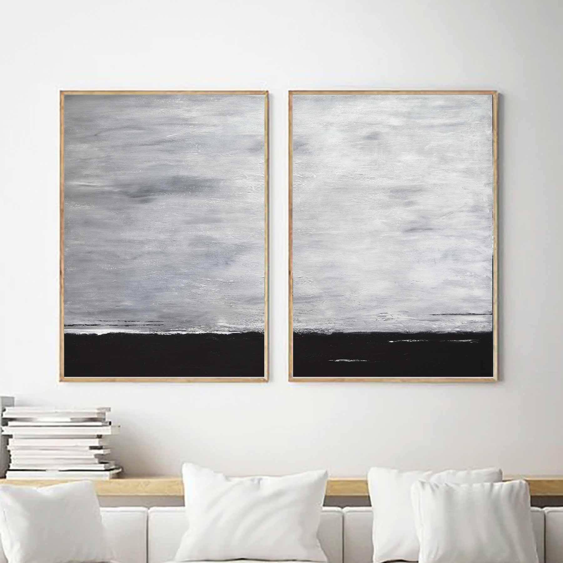 Double Piece Modern Paintings Black White Hand Painted Art "The Rising"