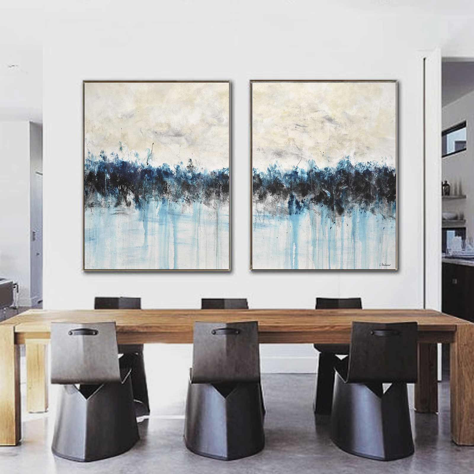 Office Wall Art Set Of 2 Abstract Paintings Blue Suede Drips